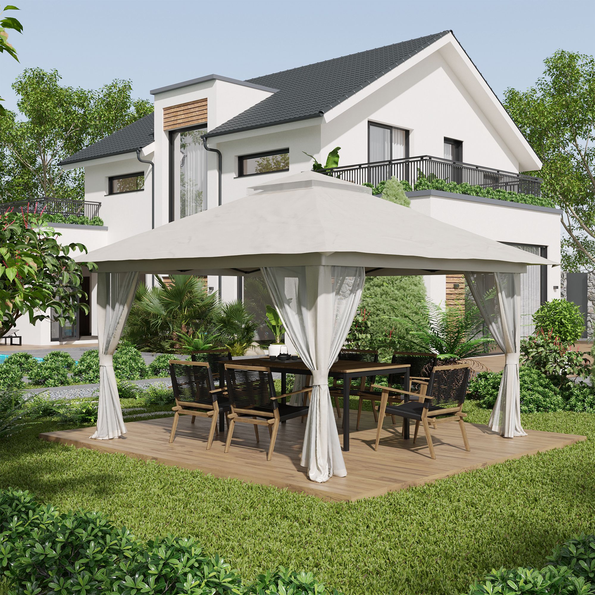 Outsunny Faltpavillon, höhenverstellbar, 4 Netzwände, Lüftungsdach, Tragetasche, Schnellaufbau, 4 x 4 x 3 m, Cremeweiß