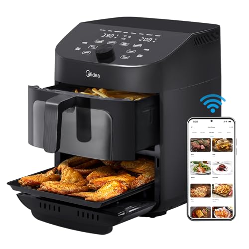 Midea Dual Basket Air Fryer Oven 11 Quart 8 in 1 Functions, Clear Window, Smart Sync Finish, Works with Alexa, Wi Fi Connectivity, 50  App Recipes for family meals, Bake, Roast, Grill, Broil, Toast : Home & Kitchen