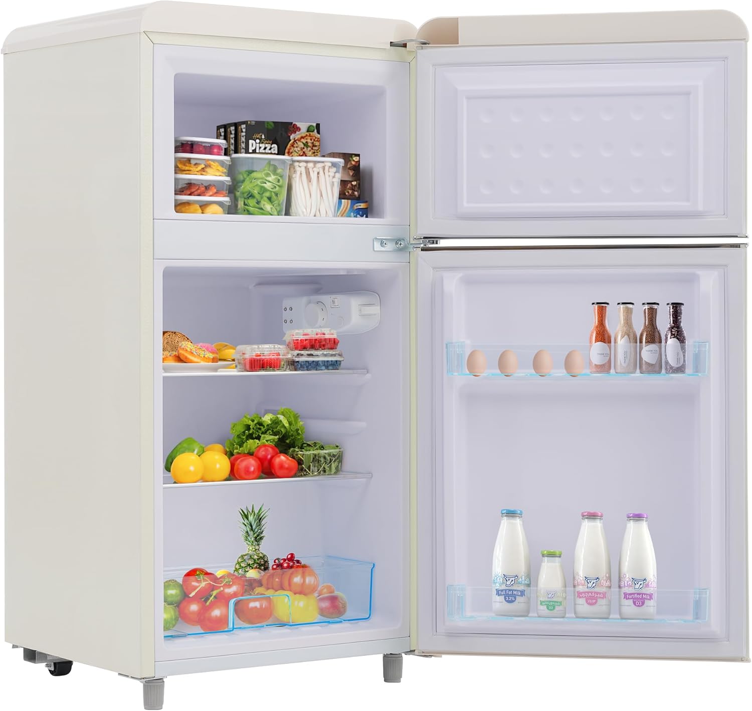 Ymkua Frigorifero Piccolo, Frigorifero Combinato 72 L (21+51), 45x46x91 cm Frigo Da Camera, Mini Frigo Bar con LED luce e Ripiani Rimovibili, Freezer Separato Doppia Porta, 120 kWh/anno (White)