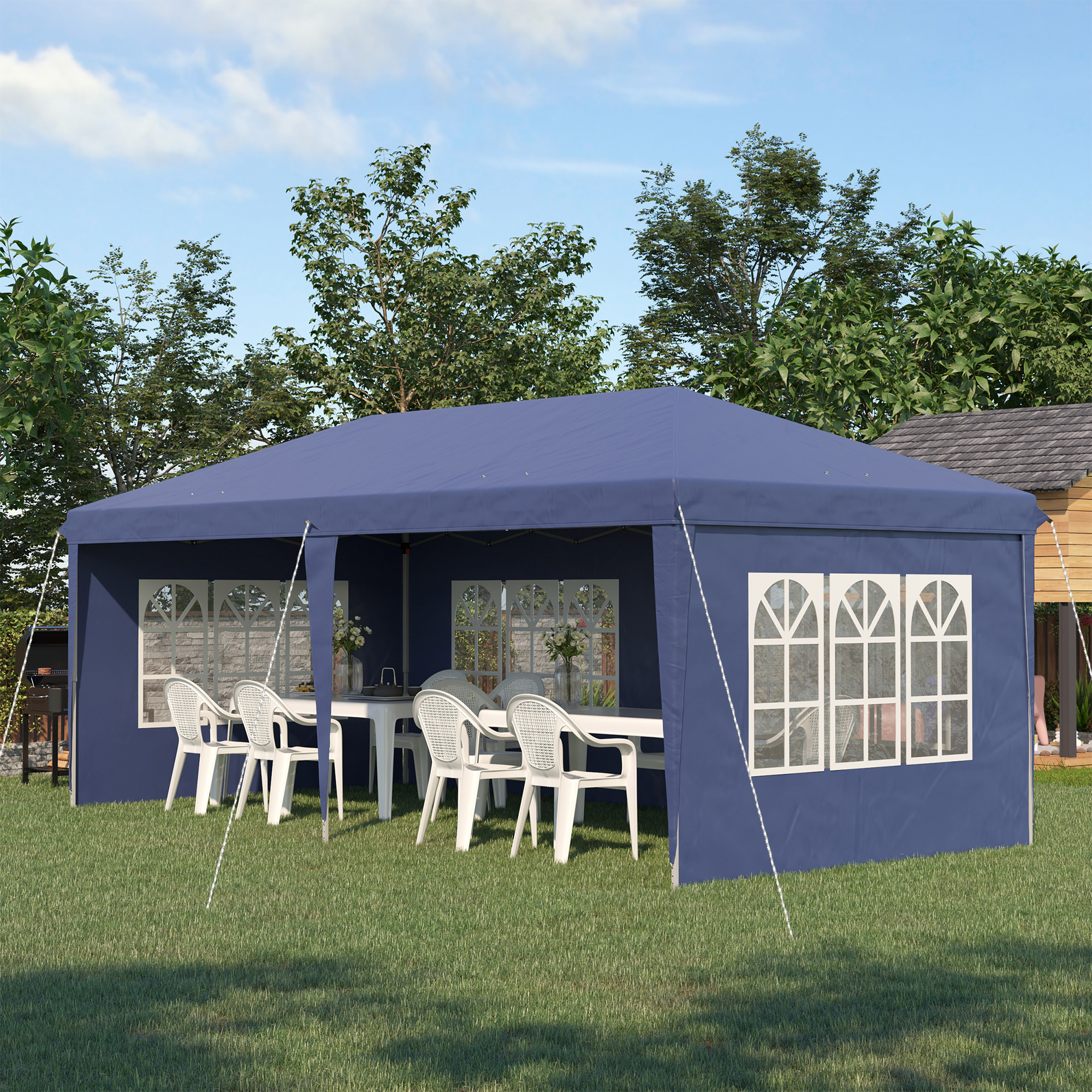 Outsunny Faltpavillon 6 x 3 m, halboffen, abnehmbare Seitenwände, große Fenster, Tragetasche, Stahlrahmen, blau