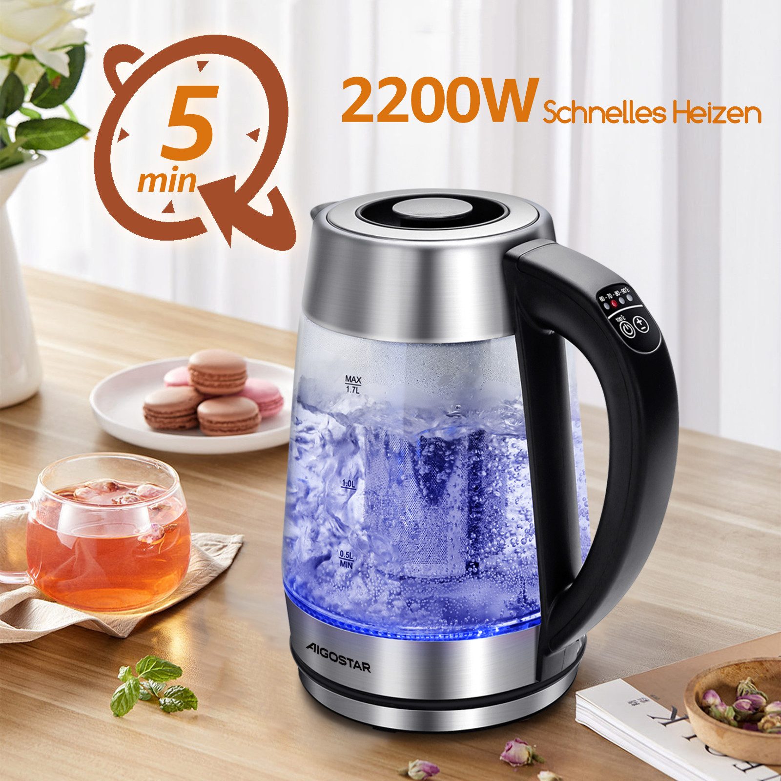 Wasserkocher Aigostar Glas Wasserkocher mit Temperatureinstellung 1,7L, 60°-100°C