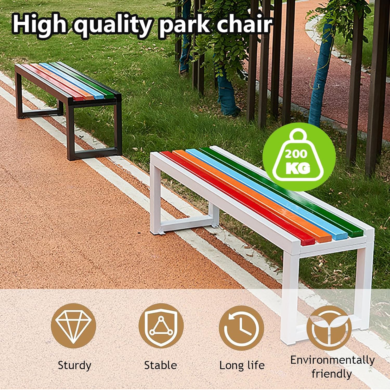 Metal Garden Bench, Backless Patio Benches, Outdoor Patio Benches, Weatherproof Metal Frame and Solid Wood Seat Length 150cm