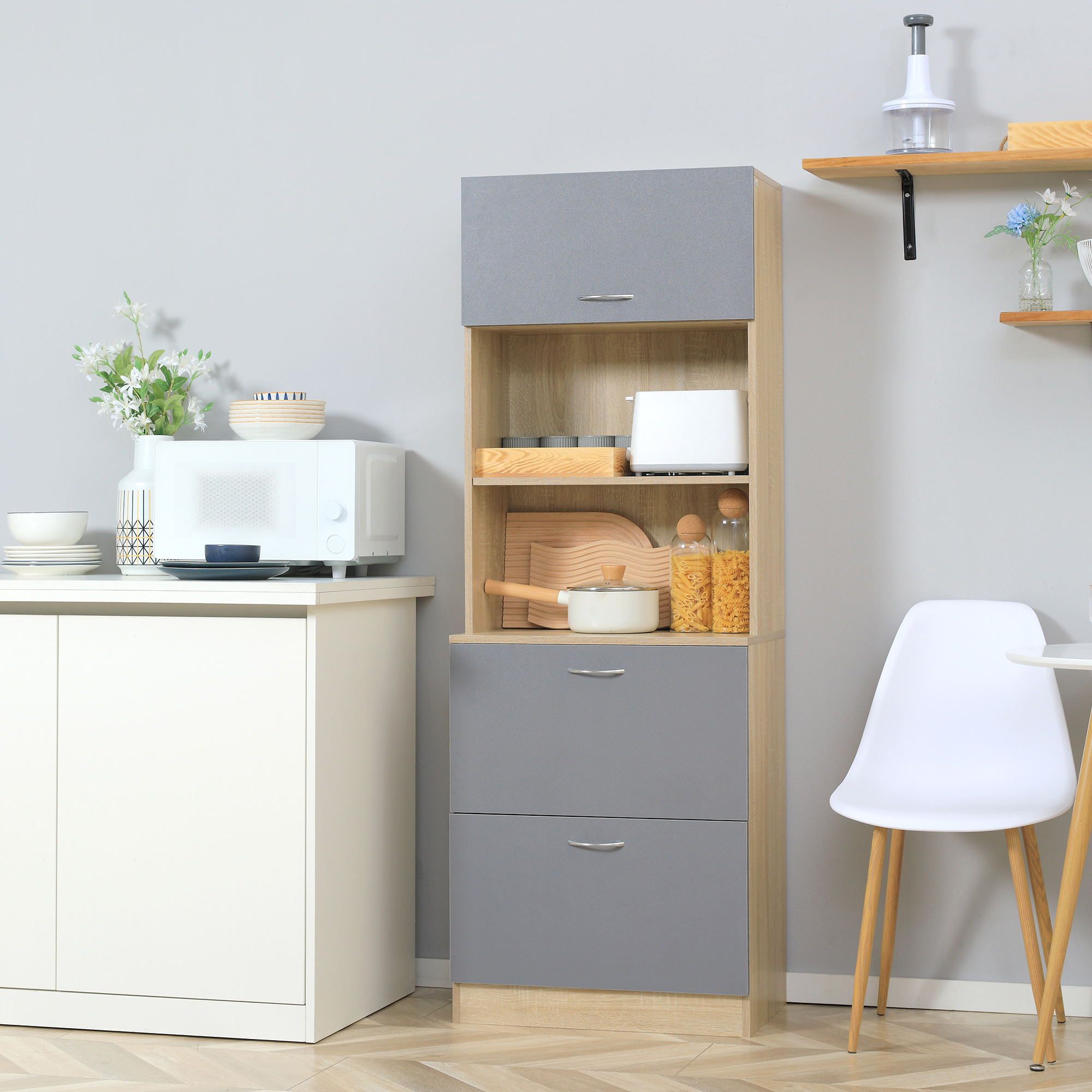 HOMCOM Buffet Küchenschrank Mehrzweckschrank 2 Schubladen 1 Schrank + Große Arbeitsplatte 60 x 38 x 168 cm in Grau