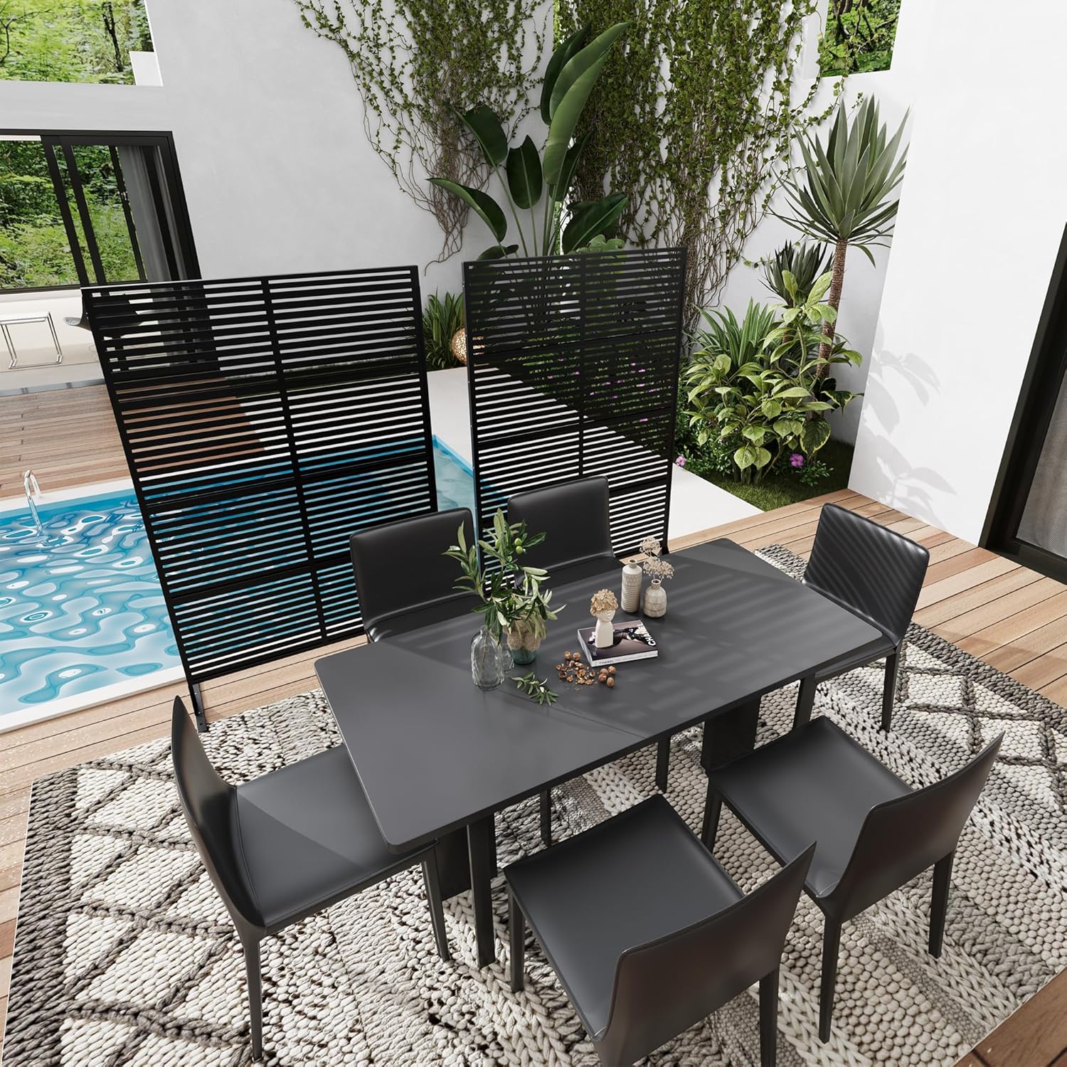Sichtschutz Metall, Freistehender Paravent 180x120 cm, Wetterfester Sichtschutz Für Garten Terrasse Balkon Outdoor Deko, Raumteiler Mit Ständer, Verzinkter Stahl, Horizontalstreifen Schwarz