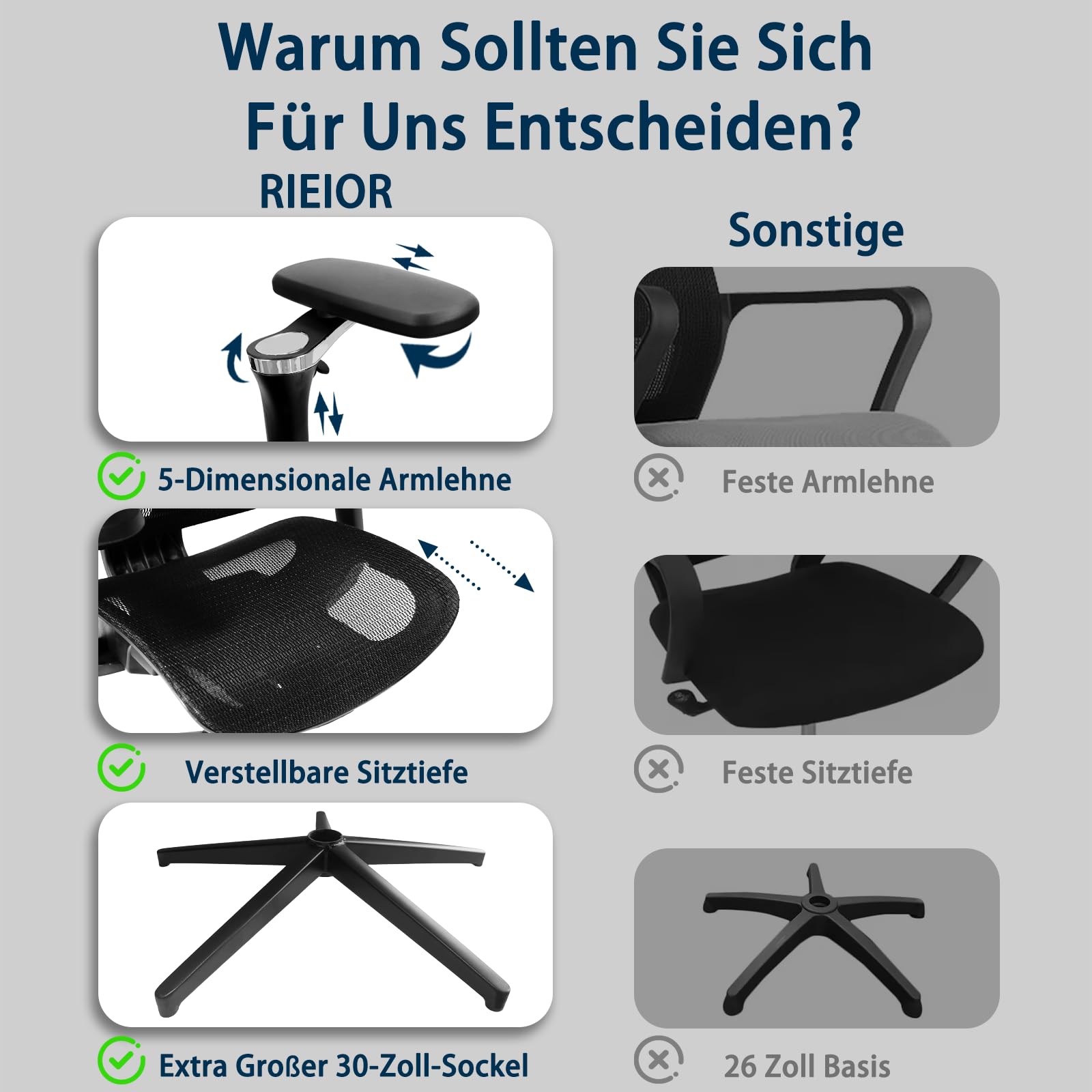 Ergonomischer Bürostuhl für große und schwere Personen mit Fußstütze, 5D-Armlehnen, Lendenstütze und Netz-Rückenlehne in Schwarz