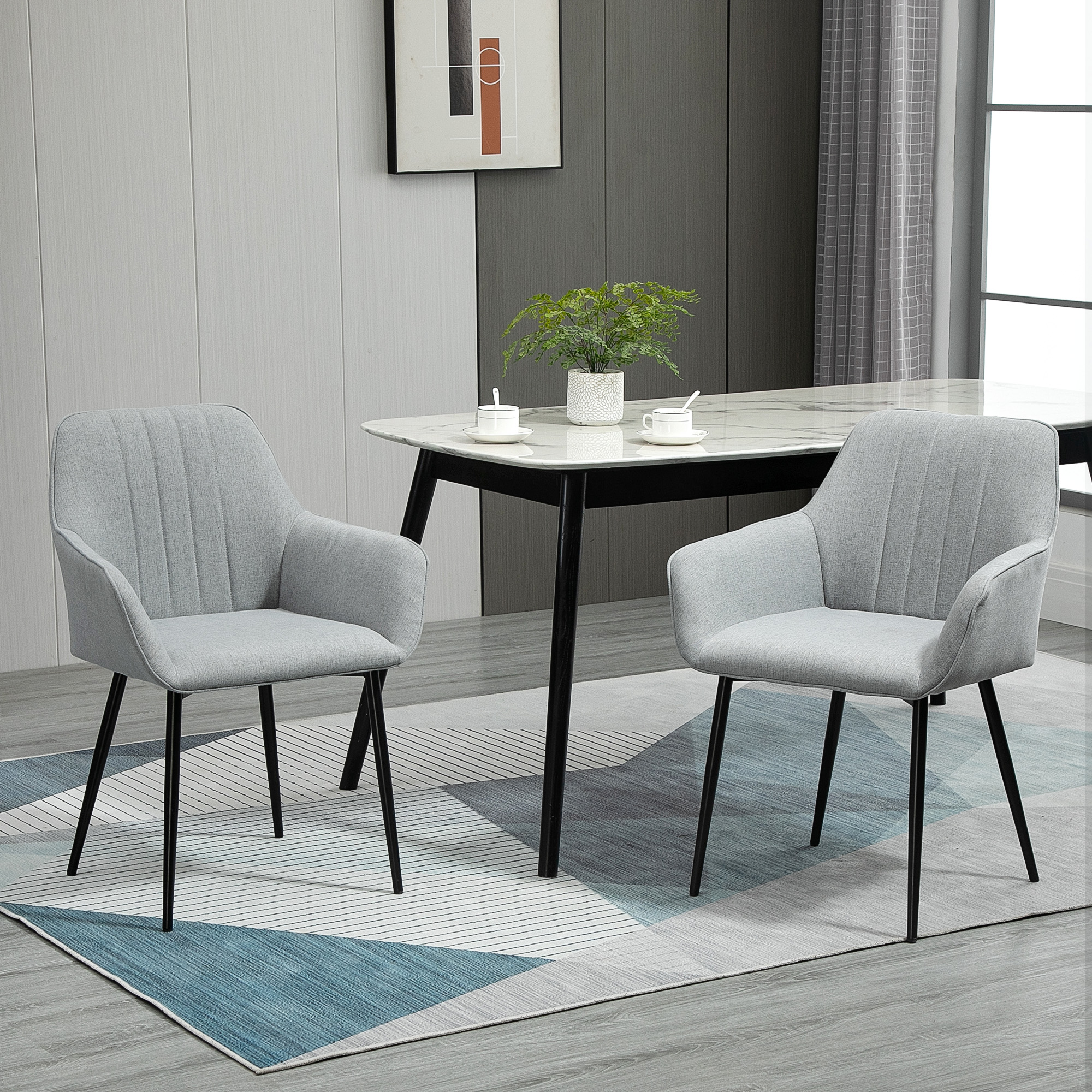 HOMCOM 2er Set Esszimmerstühle Essstühle Polsterstuhl mit atmungsaktivem Leinenbezug Wohnzimmerstuhl Sessel Küchenstuhl mit Rückenlehne Armlehne Leinen Hellgrau 59,5 x 56,5 x 81 cm