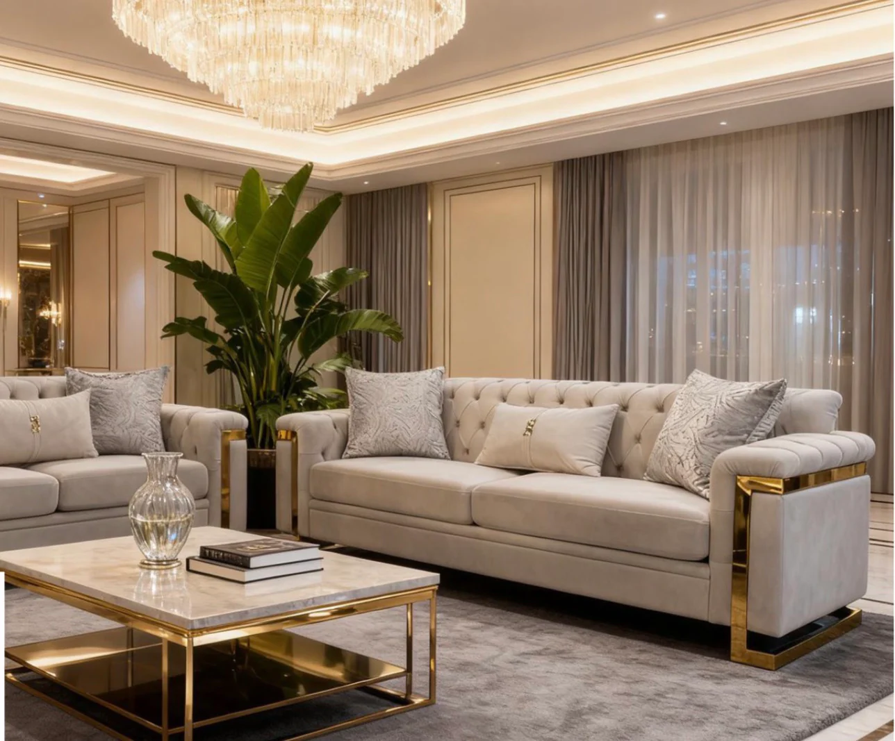 Sally Cream & Gold Sofa 3 Seater