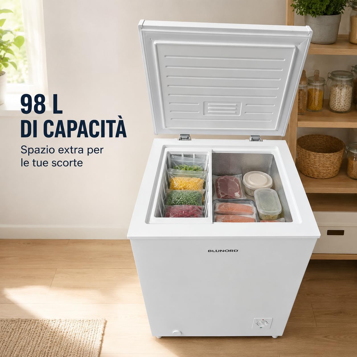Congelatore a Pozzetto 98L BLU CF100, Freezer Orizzontale Bianco, Compatto, Silenzioso 40 dB, Controllo Manuale, -18 °C, Libera Installazione