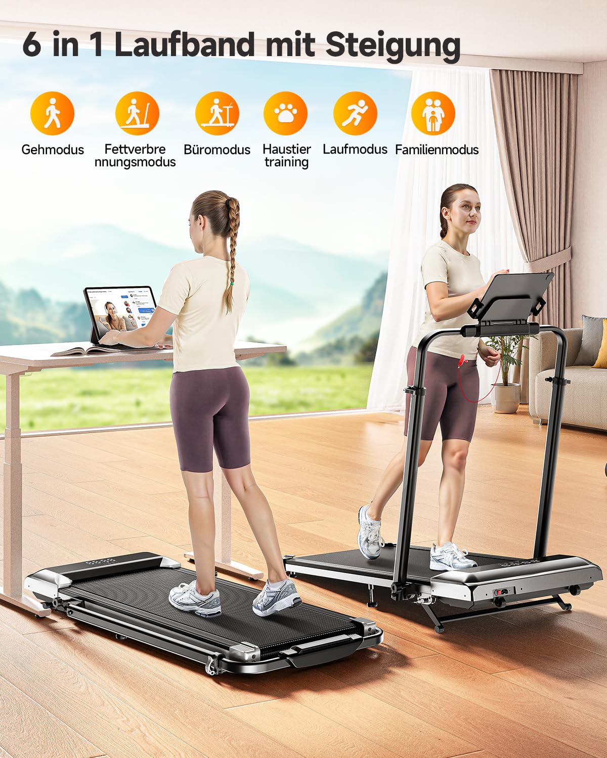Laufband für Zuhause 12% Steigung 12km/h 6 in 1 Walking Pad klappbar 2.5HP leiser Motor Fernbedienung App