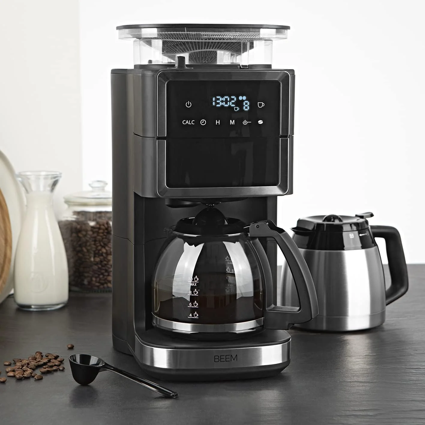 BEEM FRESH-AROMA-PERFECT III Filterkoffiezetapparaat met maalwerk - Duo | Met thermos- & glazen kan | Aroma-Plus-functie | 24-uurs timer | 1000 W | voor maximaal 10 kopjes [roestvrij staal]