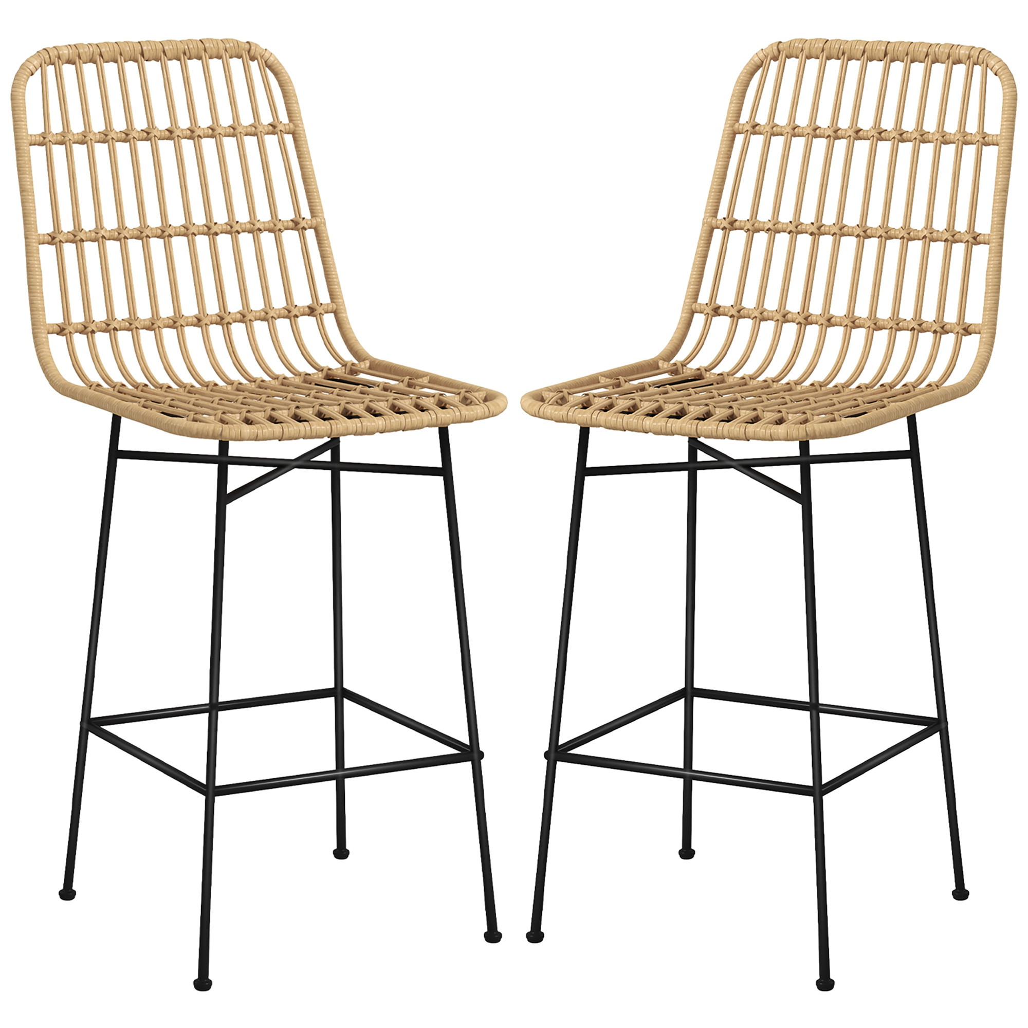 HOMCOM Barhocker Barstuhl, Boho-Stil, PE-Rattan, 45 x 53,5  x 105 cm, Natur + Schwarz