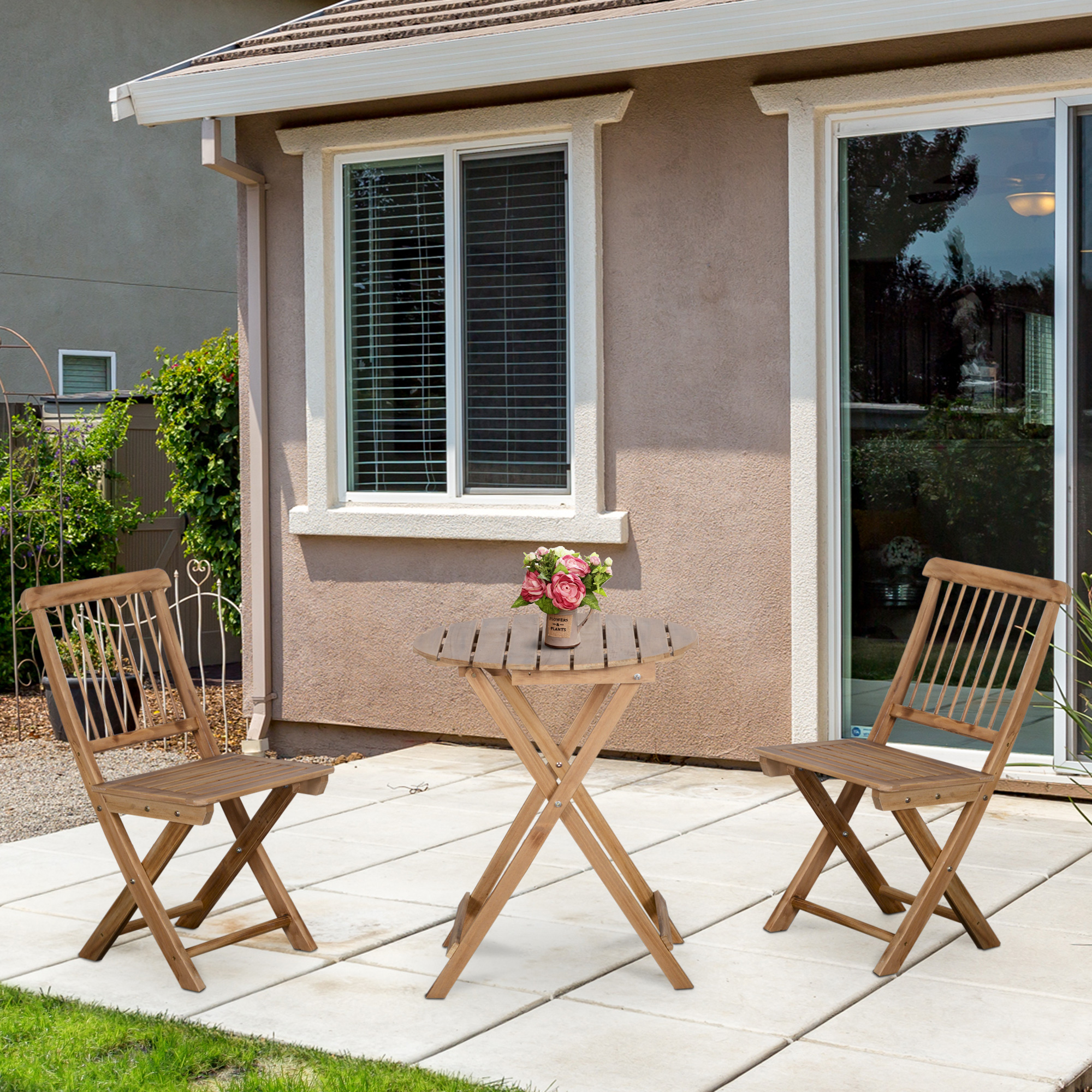 Outsunny Bistro-Set Balkon-Set Balkontisch mit Stühlen, Massivholz, wetterbeständig, 60 cm x 60 cm x 74 cm, Braun