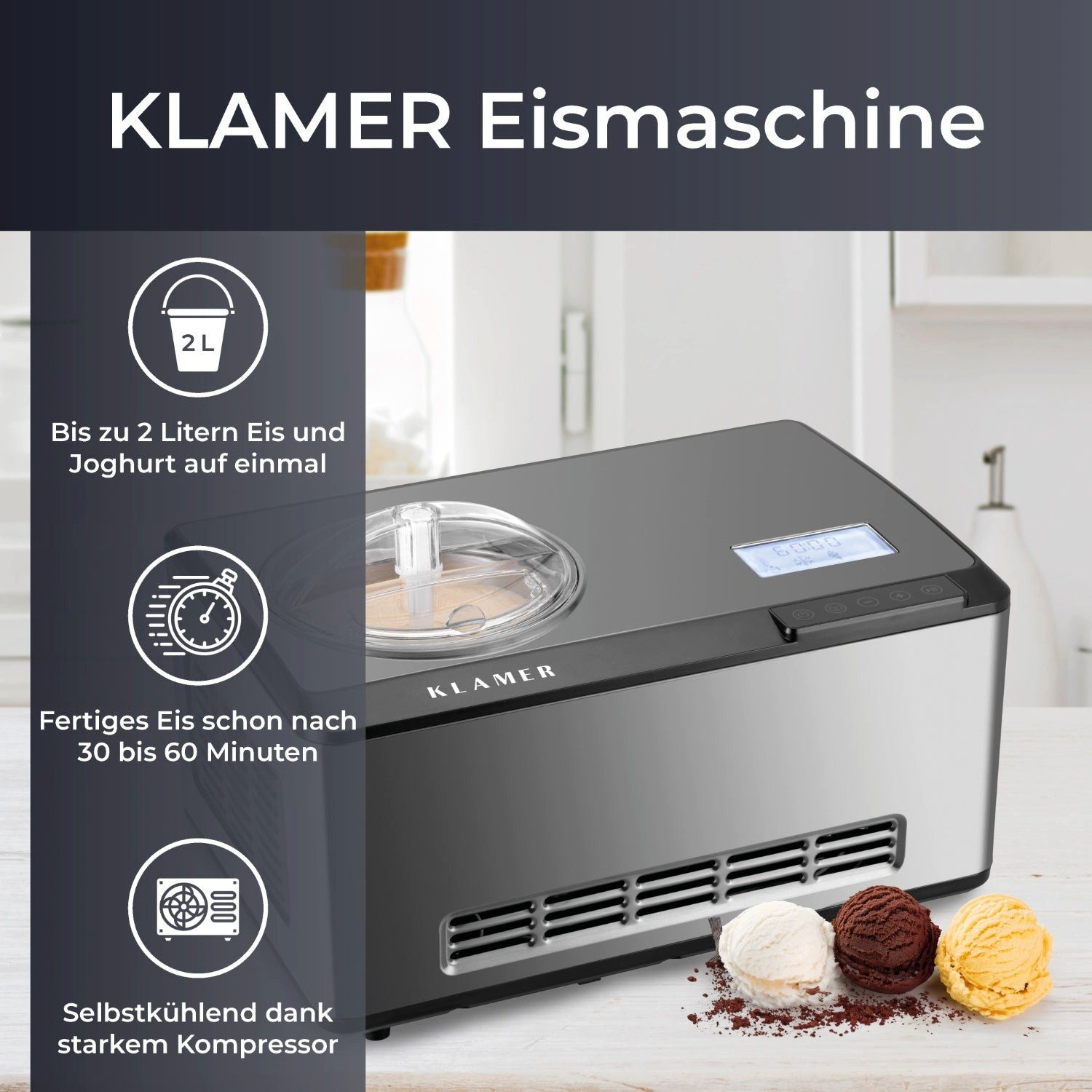 Eismaschine 2-in-1 Eiscrememaschine & Joghurtbereiter 2 L, 180 W, aus Edelstahl m…