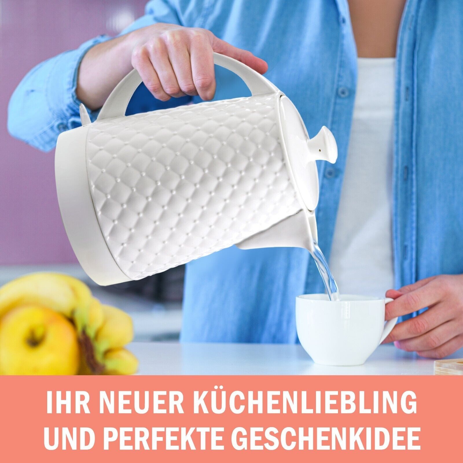 Wasserkocher elektrisch, aus Keramik, Teekessel 1,8 L, 1500W, weiß, Gesteppt-Design