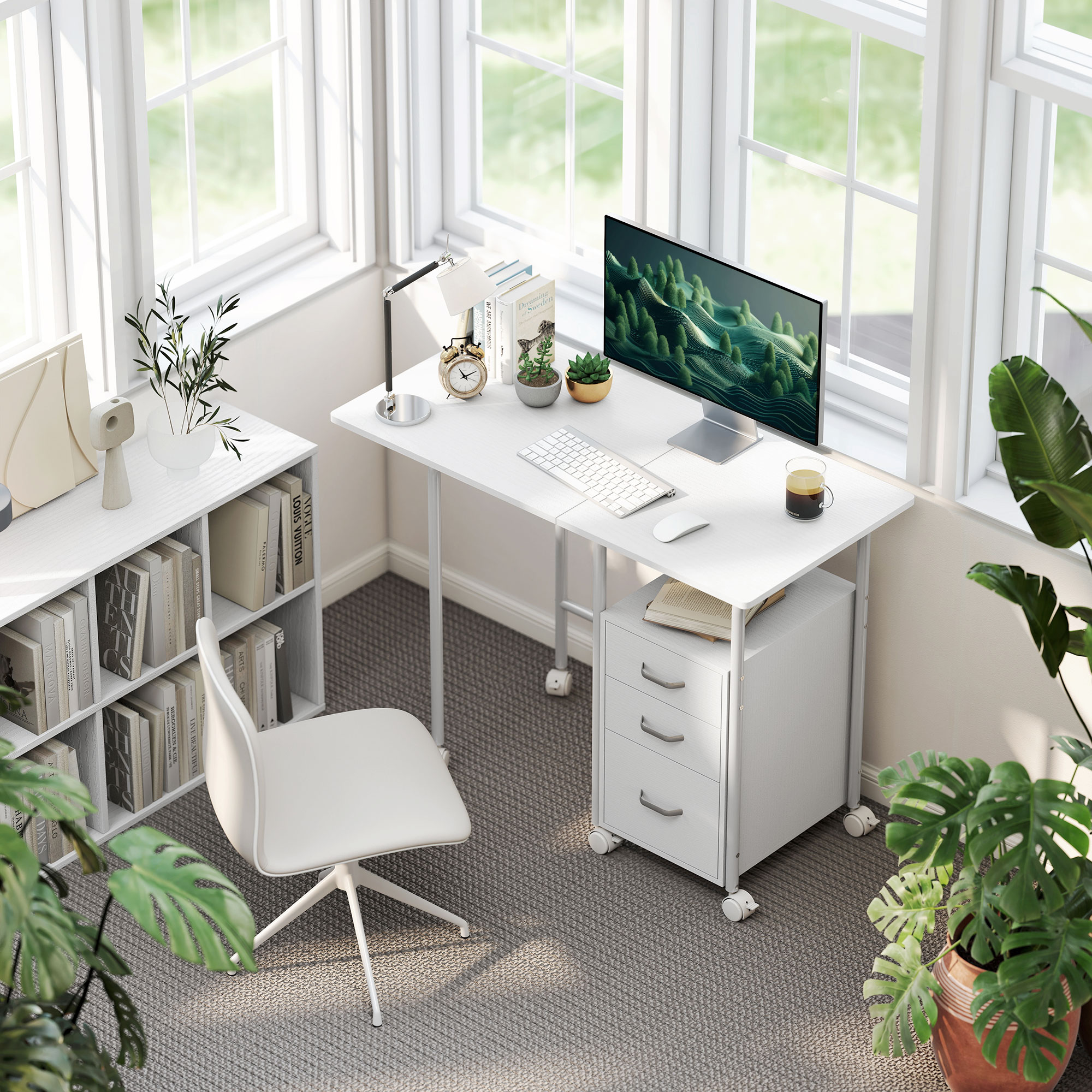 HOMCOM Klappbarer Computertisch mit Rollen, Schreibtisch mit Stauraum, 3 Schubladen, erweiterbare Plattform, 105x51x75,5 cm, Weiß