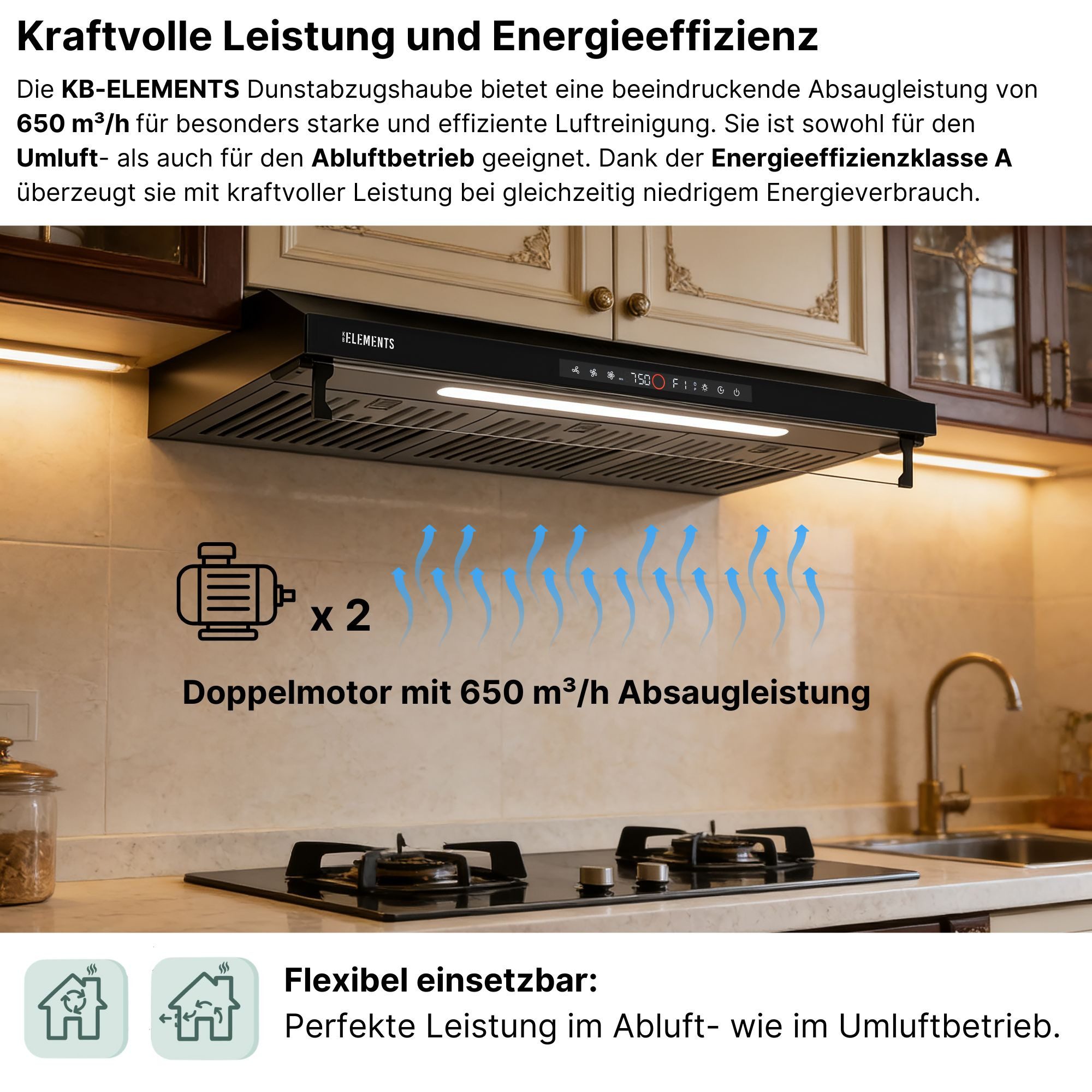 Unterbauhaube Doppelter motor 2 x 80 Watt, 650 m³/h Absaugleistung