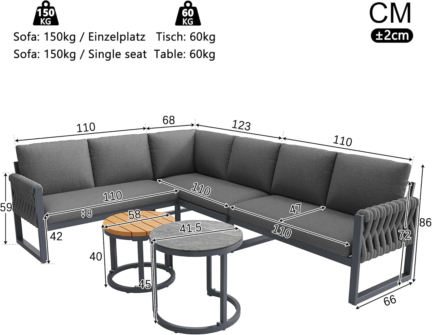 Garten Lounge Set für 5-6 Personen, Ecksofa und Sessel-Sofa mit Höhenverstellbaren Tischbeinen, Abnehmbaren Wasserabweisenden Kissen, Modular für Balkon Garten Terrasse, B - Grau