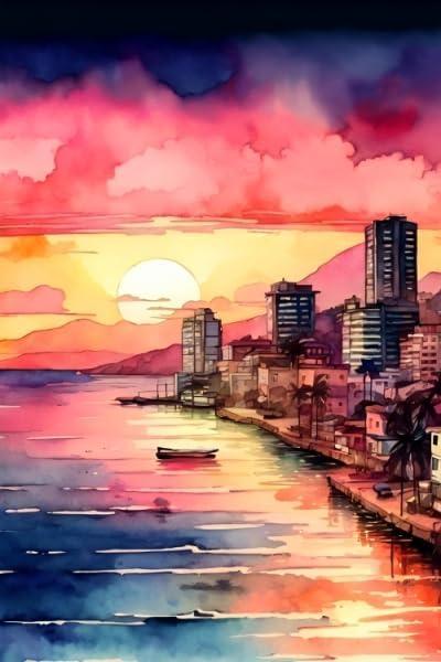 Fine Art Print - Coastal Outrun Sunset Watercolor Canvas Wall Art, Vaporwave Cityscape, Cyberpunk Beach Vacation (24x36)