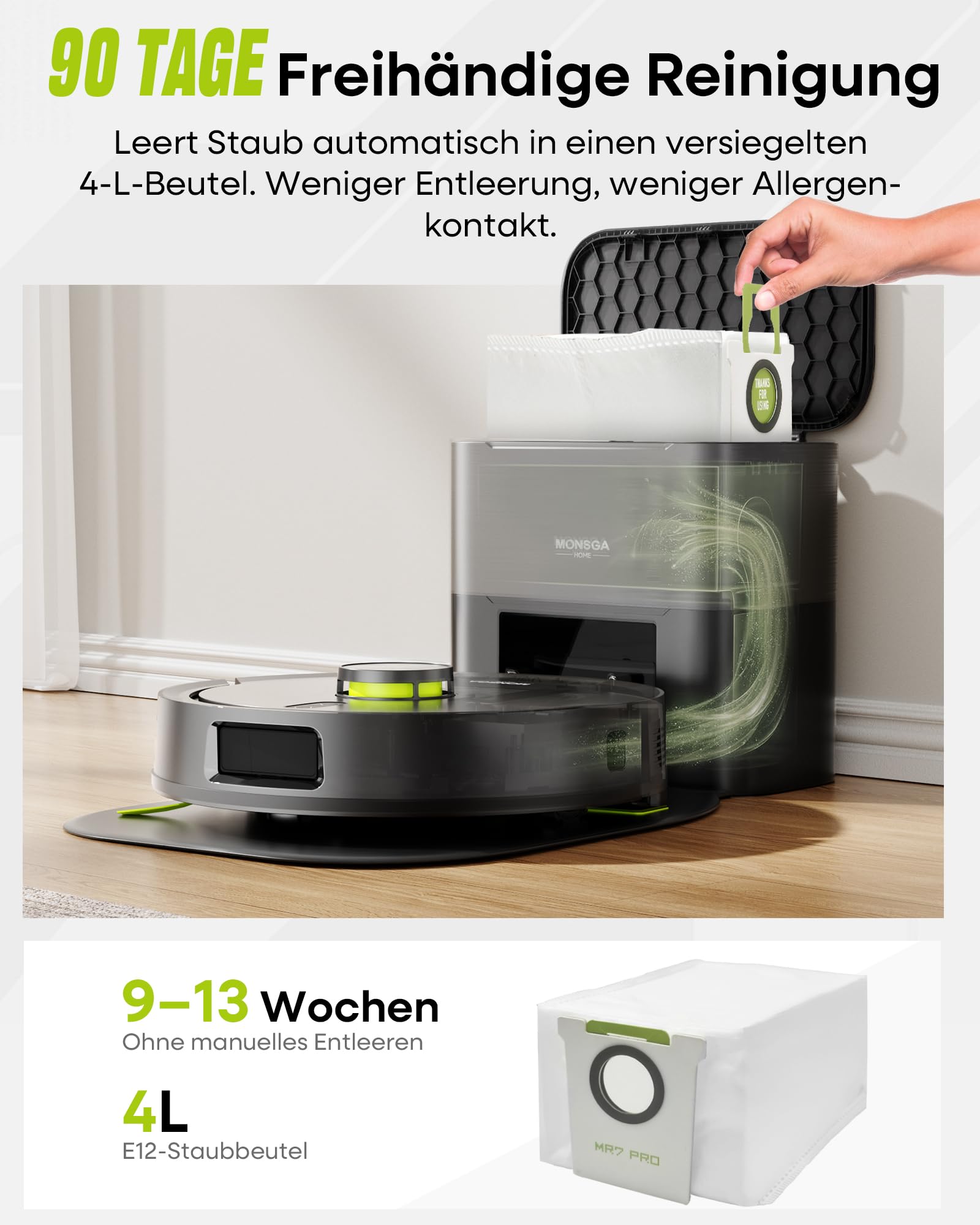Saugroboter mit Wischfunktion MR7 Pro, 10000PA Saugleistung und 4L Absaugstation, 360° LiDAR Navigation