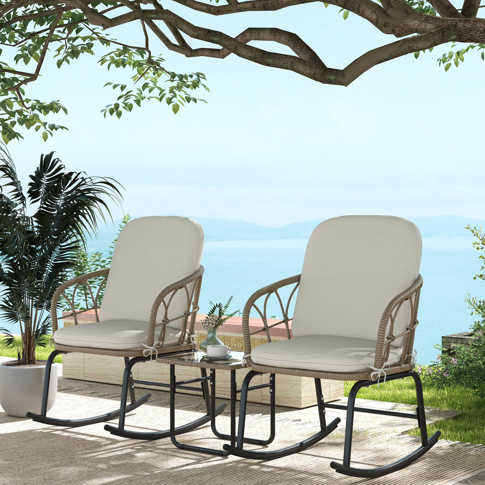 Outsunny Schaukelstuhlset Schaukelstühle Bistro-Set, Bohostil, PE-Rattan, wetterbeständig, Creme