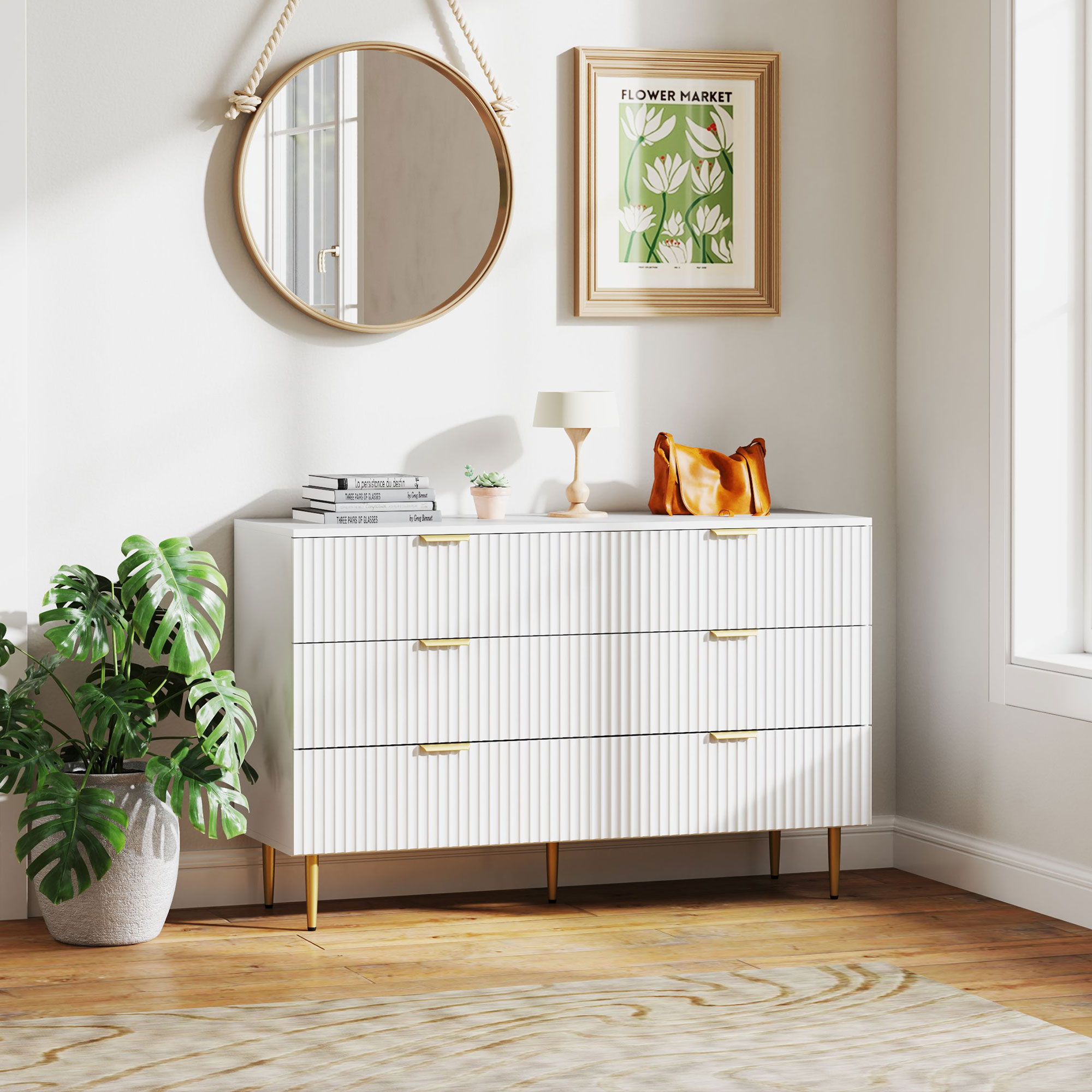 HOMCOM Kommode 6 Schubladen Schlafzimmerkommode moderne Aufbewahrungsmöbel mit Griffen und goldenen Füßen, 120 x 40 x 76,5 cm, Weiß