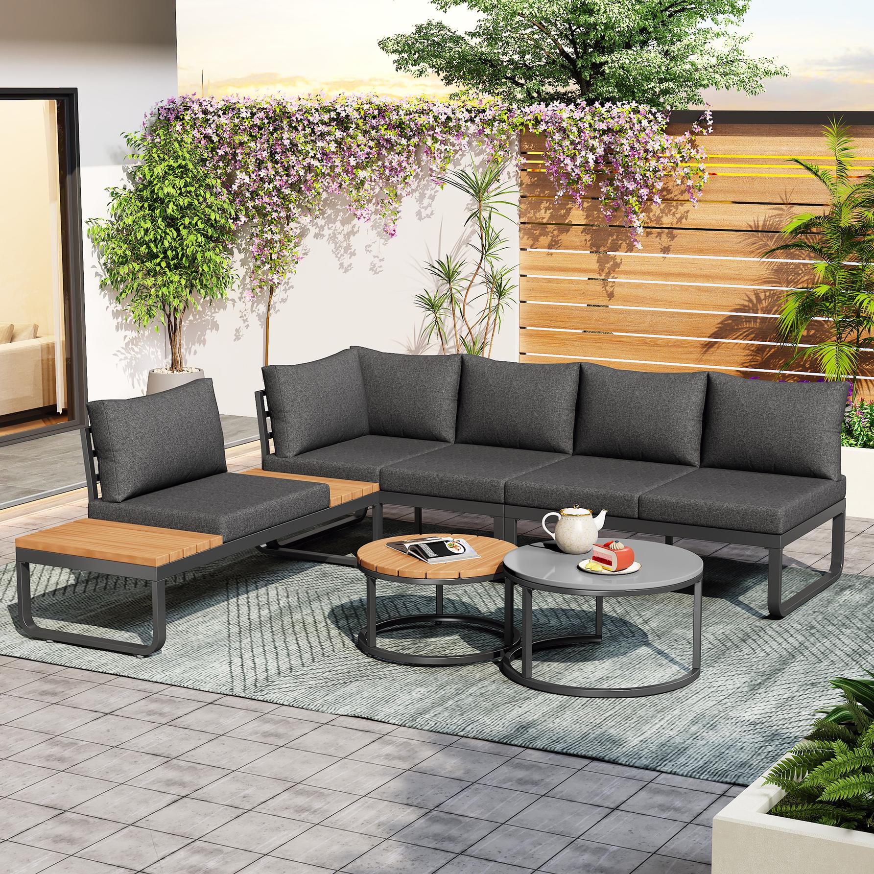 Loungemöbel Set für kleine Räume – Garten Sofa mit integriertem Tisch, 4-5 Sitzplätze, bequeme Sitzpolster und Kissen, Grau