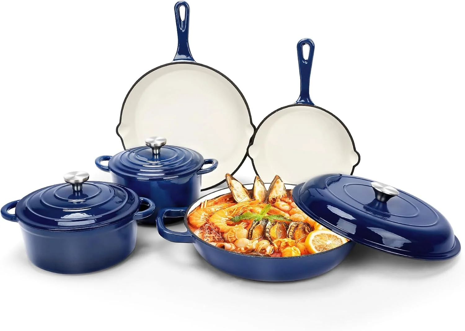 GFTIME Antihaft Emaille Gusseisen Kochgeschirr Set, 8 teiliges Töpfe und Pfannen mit Deckel, Runder Dutch Oven für Brotbacken auf allen Herdarten