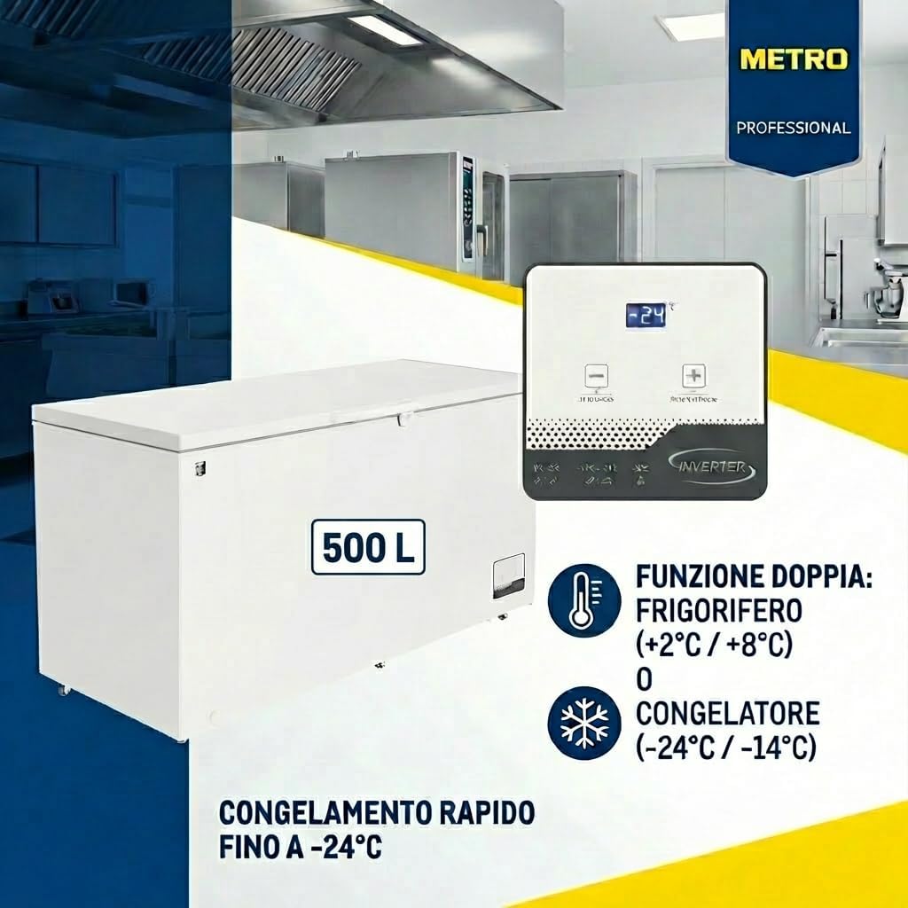 METRO Professional Congelatore a pozzetto GHF2500, acciaio/alluminio, 73.5 x 165. x 83.5 cm, 125 W, 2 cestelli, illuminazione a LED, con serratura, bianco (500 L)