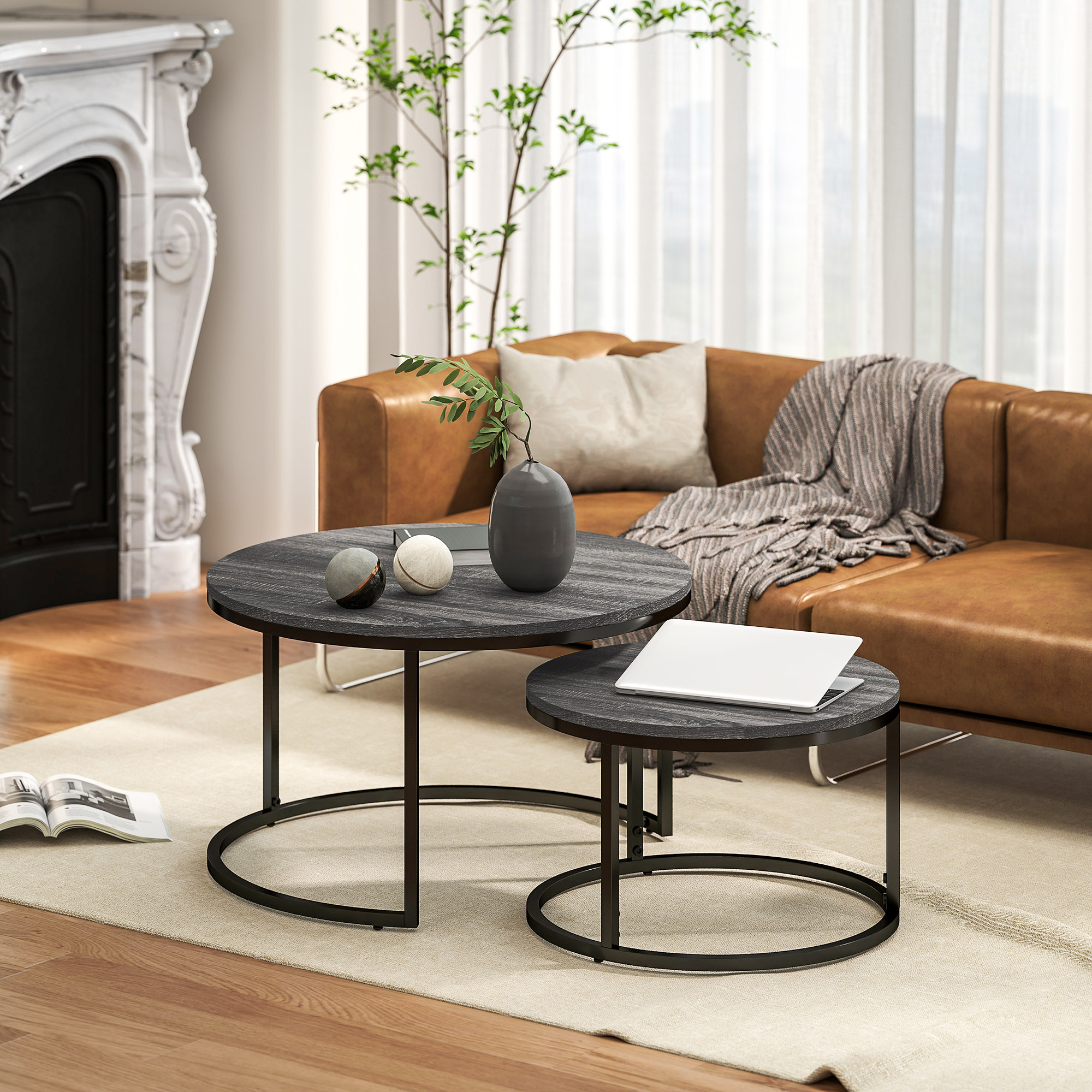HOMCOM Couchtisch 2er-Set, Beistelltisch mit Metallgestell, Sofatisch, stapelbar, Kaffeetisch, Wohnzimmer, Schlafzimmer, Schwarz