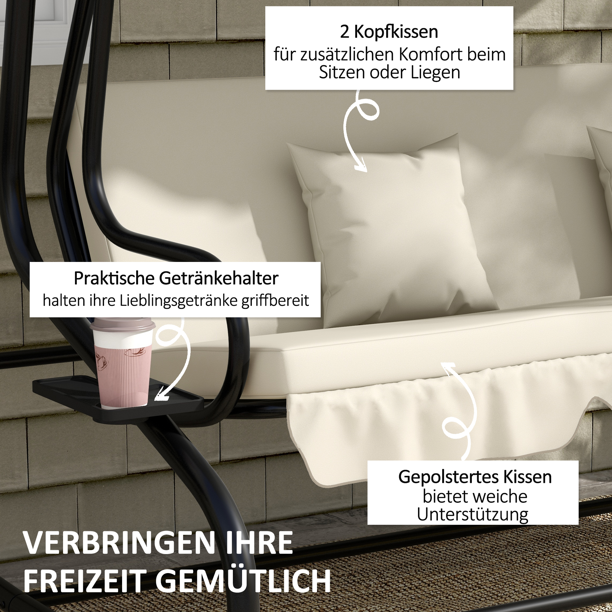 Outsunny 2-in-1 Tuinschommel met Ligfunctie, Verstelbaar Dak, tot 340 kg, Staal, 200x120x164 cm, Cr��mewit