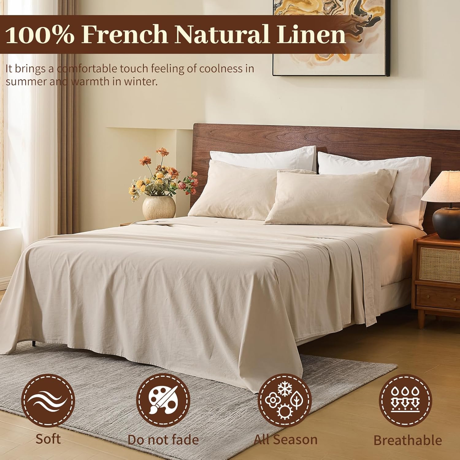 MEISHANG 100% French Pure Linen Sheets King Size - Bed Sheets 4 Piece Sets, Soft Durable Flax Linen, Anti-Tear Breathable Oeko-Tex Certified with 16