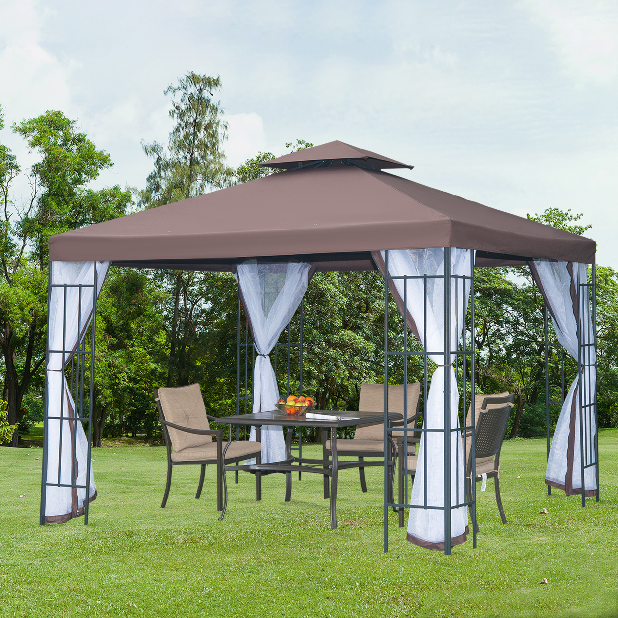 Outsunny Partytent in de tuin partytent paviljoen tuintent feesttent dubbel dak 3 x 3 m bruin