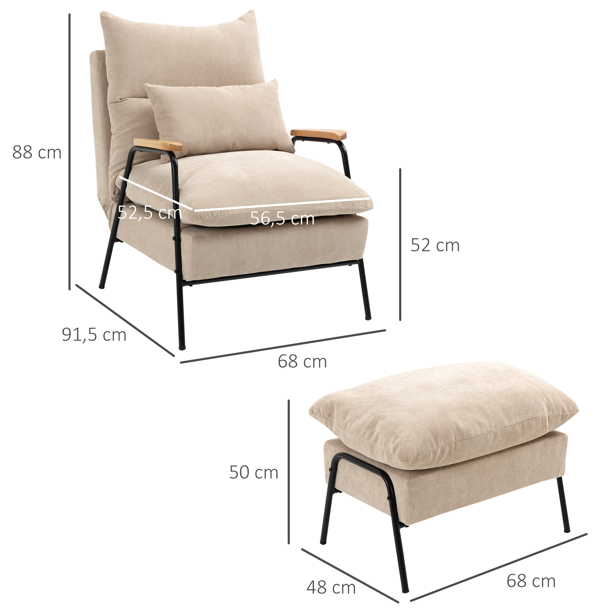 Polsterstoel met Voetenbank, Relaxstoel met Ligfunctie, Polsterstoel, Kussen, TV Stoel, 68 x 91,5 x 88 cm, Beige