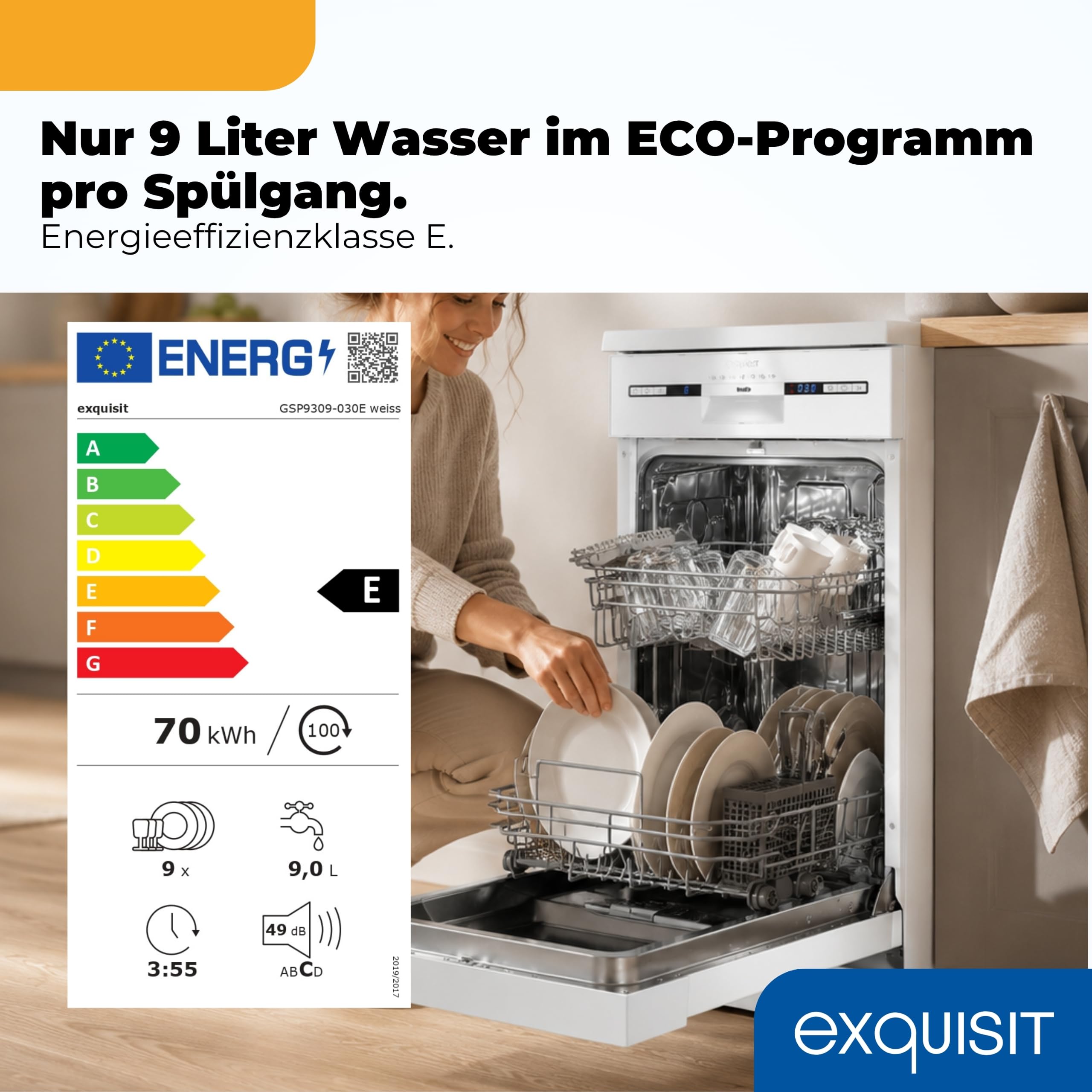 Exquisit Spülmaschine 45 cm freistehender Geschirrspüler 9 Maßgedecke für Küche Haushalt und kleine Wohnung