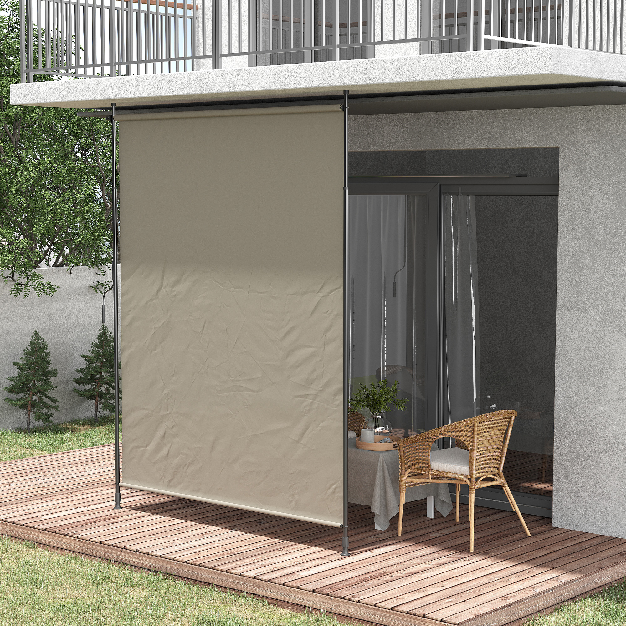 Outsunny Seitenmarkise, Montage ohne Bohren, höhenverstellbar, mit Handkurbel, Metallrahmen, sandfarben, 2 x 2,15-3,05 m