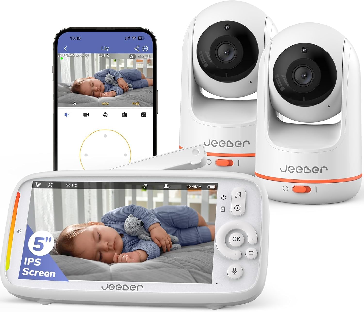 WLAN Babyphone Baby Monitor mit 2 Kameras und App 2K 3MP Auflösung 5 Zoll IPS Display 360 Grad Überwachung