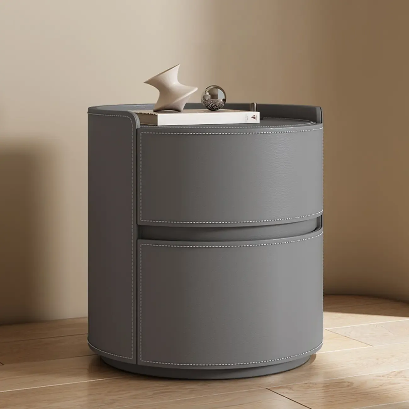 Modern Leather Tray Round 2-Drawer Nightstand