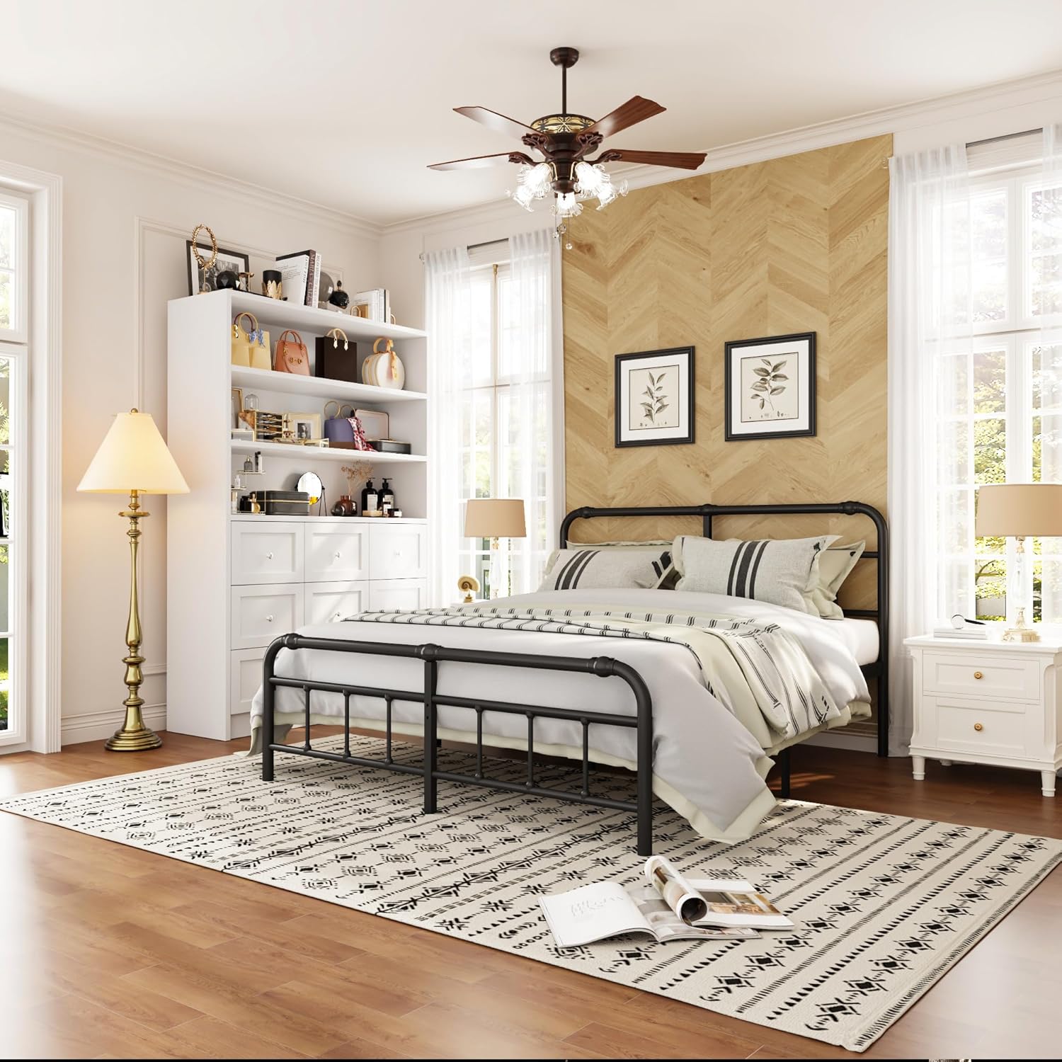 Libreria Armadietto a 9 cassetti, 3 scomparti aperti, maniglie in metallo, multifunzione, 180 x 120 x 39 cm, bianco, MDF