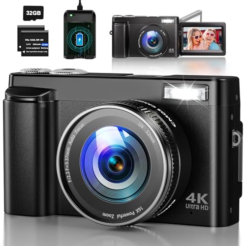 Macchina Fotografica Digitale 4k, 48MP Autofocus Fotocamera con Digitale 180° Schermo Flip, 16X Zoom Digitale Vlogging Camera con Scheda di Memoria 32G 2 Batterie e Caricabatterie per Principianti : Elettronica