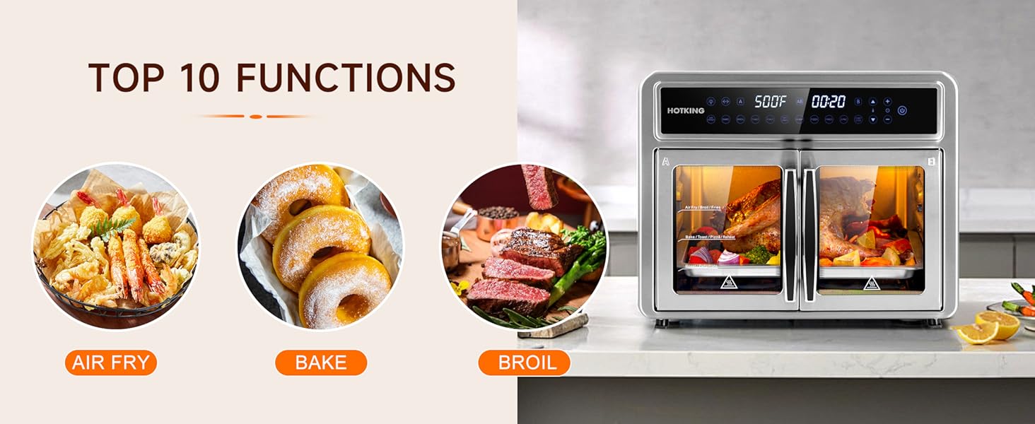 10-in-1 Versatility�?air fry, bake, broil, toast, roast, dehydrate, reheat, pizza, fries, rotisserie