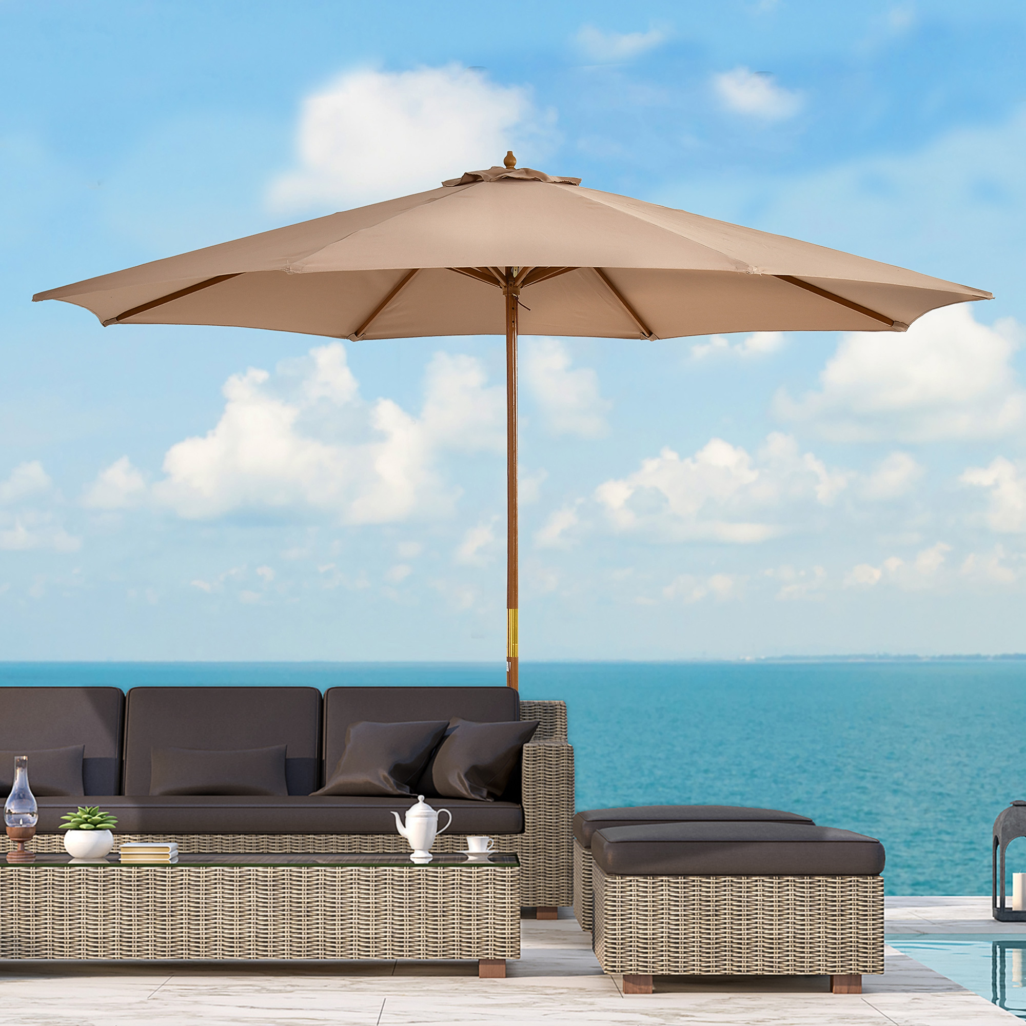 Outsunny Sonnenschirm Ø 300 cm, Sonnenschirm mit UV Schutz Balkonschirm aus Holz Strandschirm stabil Marktschirm Sonnenschutz für Strand Terrasse Garten, Khaki
