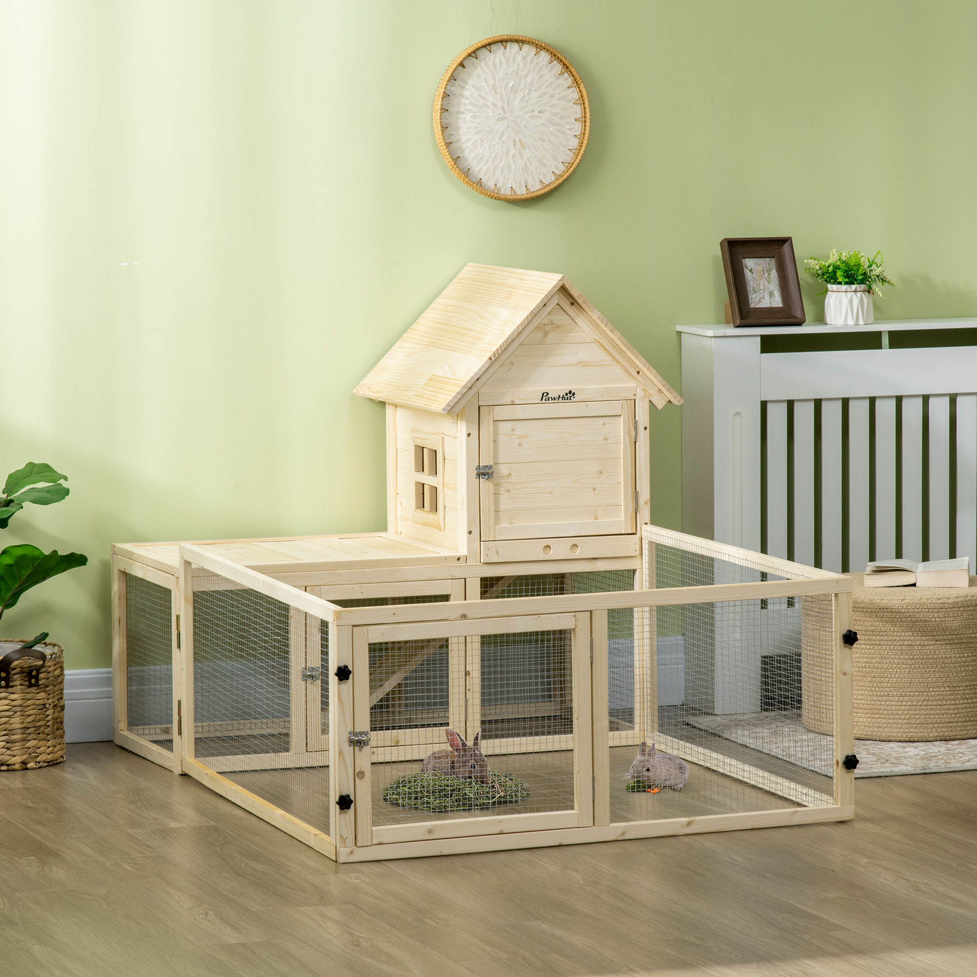 PawHut Kaninchenstall, 1 Rampe, 1 Nistkasten, 1 Bodenwanne, 151,5 x 106 x 97 cm