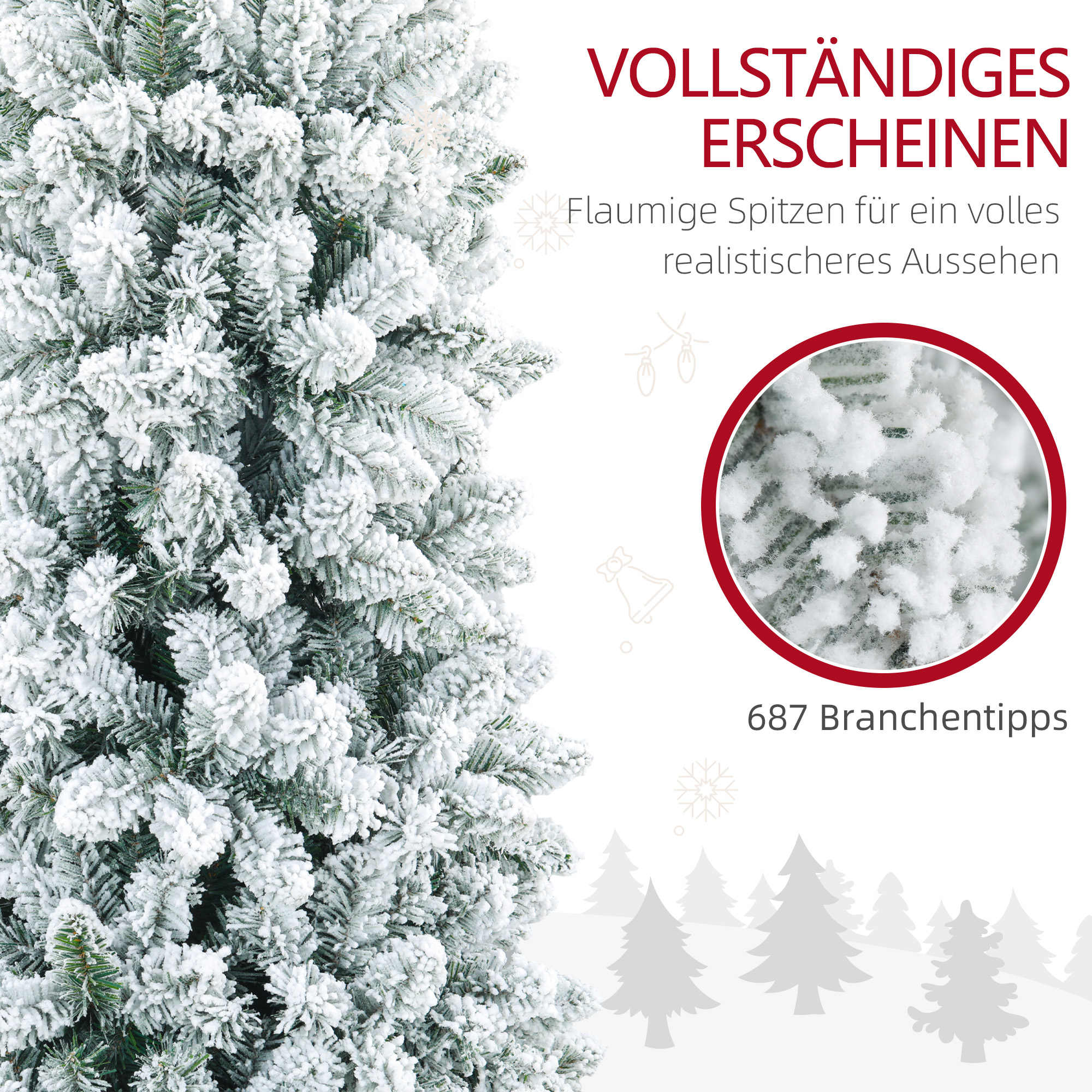 Kunstkerstboom, vlamvertragend, met kunstsneeuw, slank, stalen voet, 75 x 210 cm, Groen