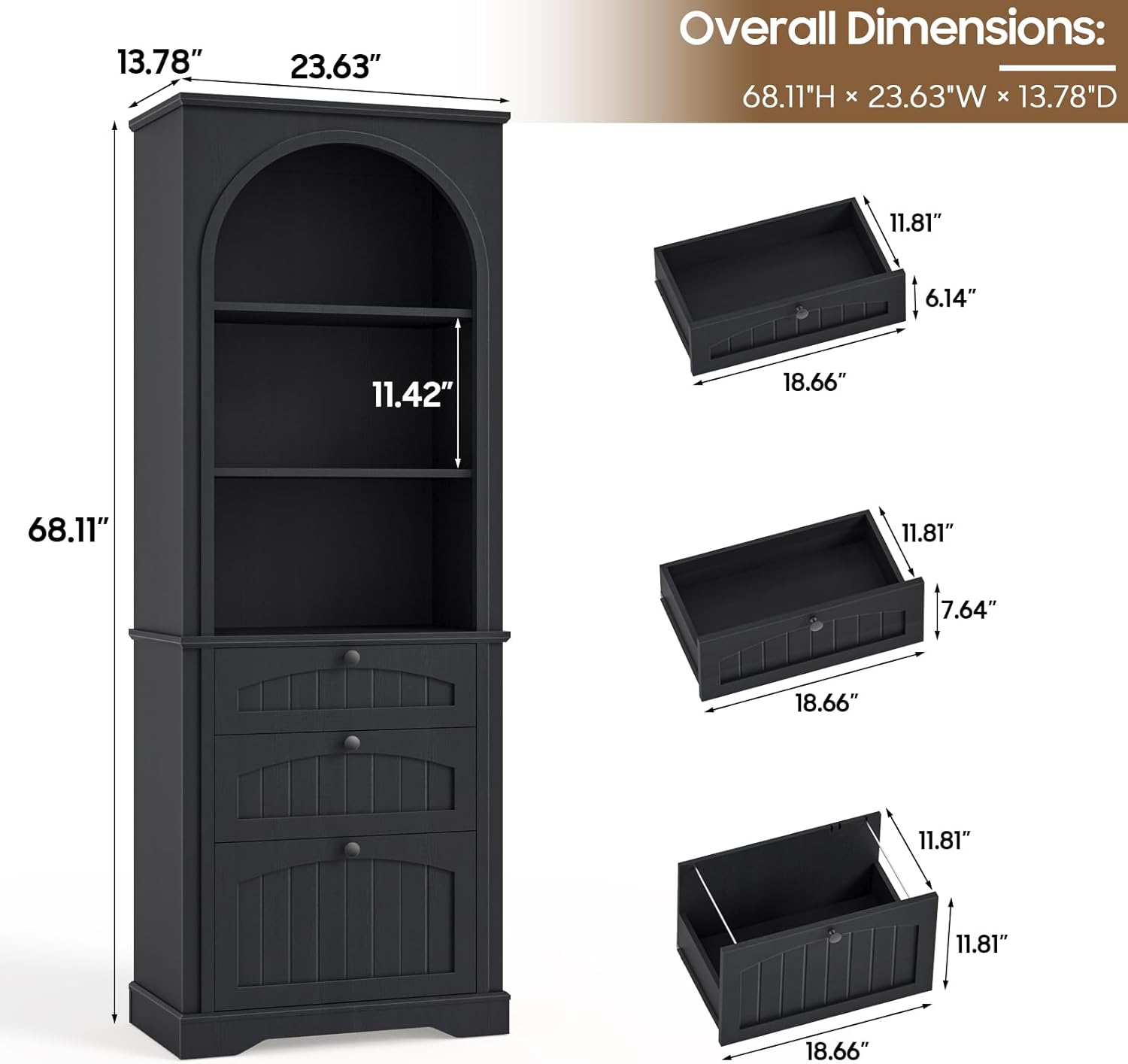 Bookshelf with File Drawers for Letter/A4/Legal Size Hanging Files, 68" Tall Farmhouse Bookcase with 3-Tier Open Shelves, Wood Floor Display Storage Cabinet for Home Office, Living Room, Rustic Black