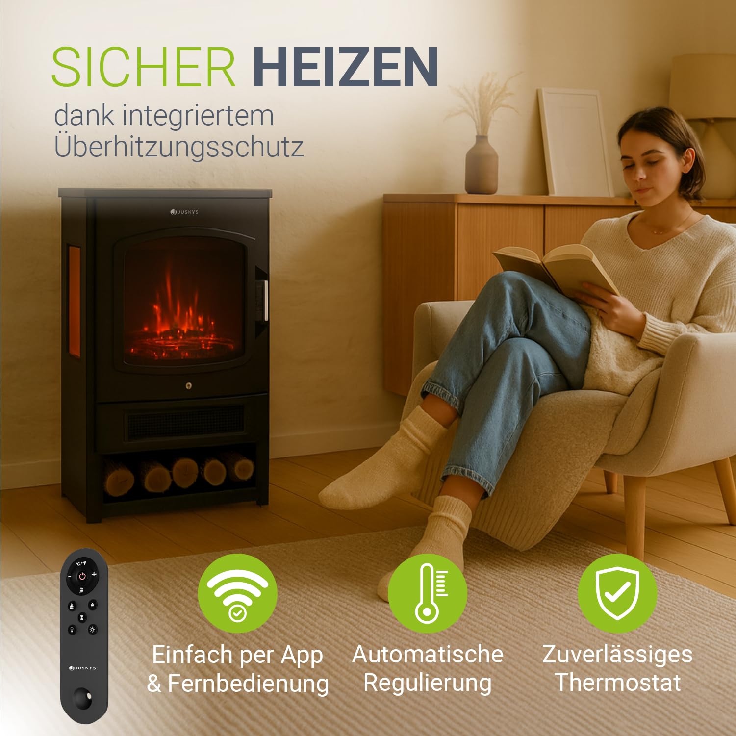 Elektrokamin 1800 W schwarz, freistehender Standkamin mit LED-Flammeneffekt, WLAN- und App-Steuerung sowie Fernbedienung