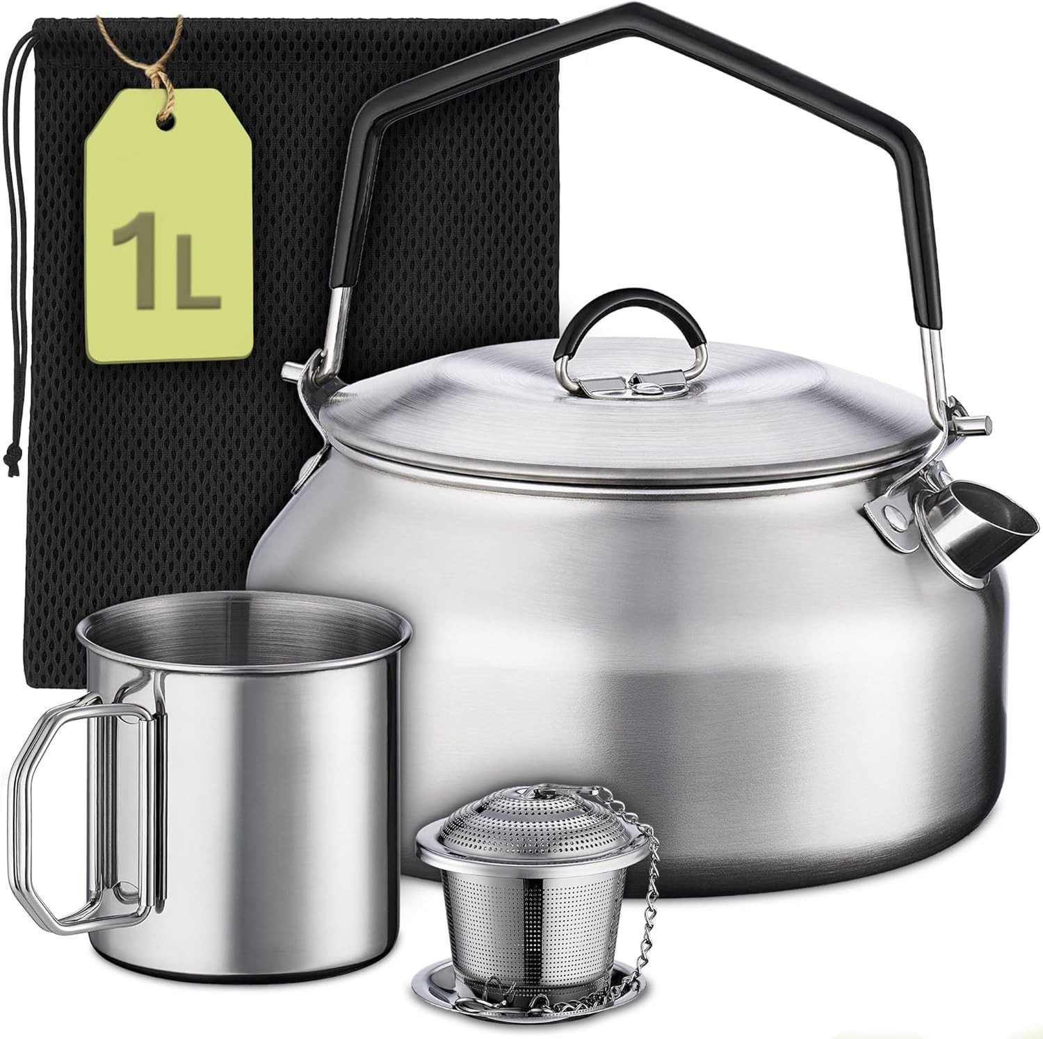Reise-Wasserkocher Camping Wasserkocher Set 1L Edelstahl - Ohne Strom - Wasserkessel