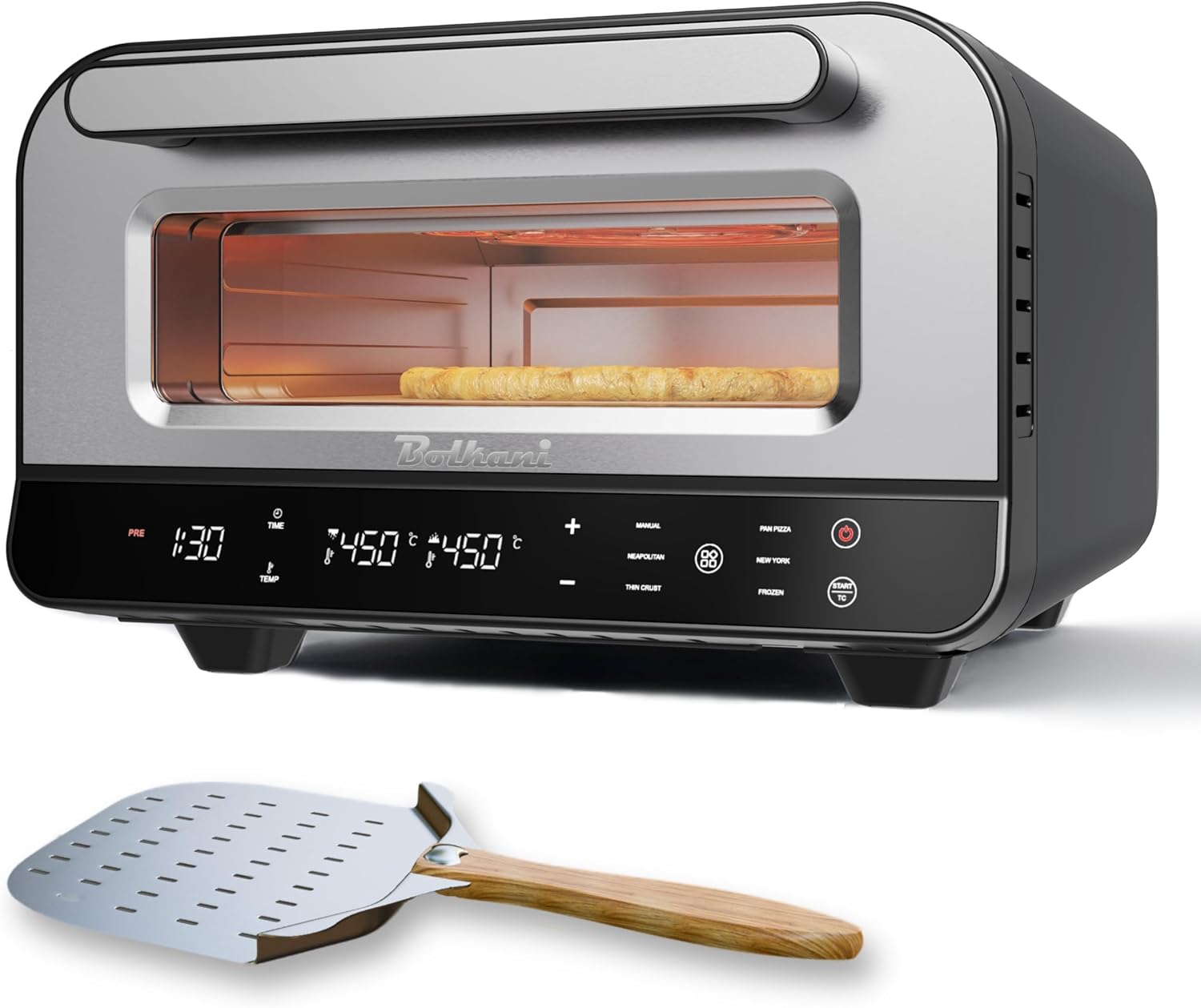 Forno elettrico per pizza – 450°C con pietra e pala per pizza – 1700W, timer, luce interna, finestra – Pizza croccante in 2 minuti – Macchina per pizza professionale da casa - BOLKANI (nero)