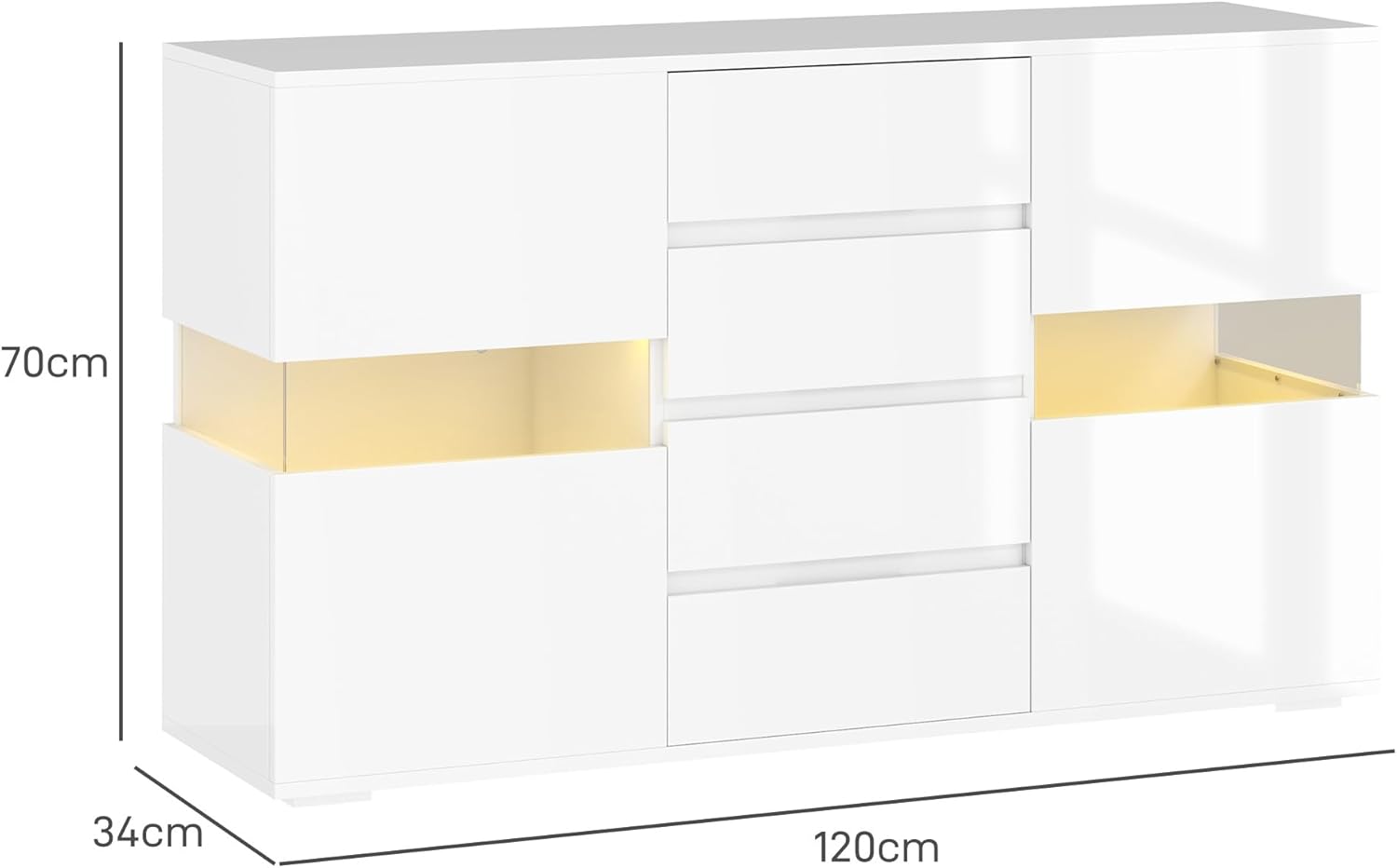 HOMCOM Credenza Moderna con Luce LED Regolabile con Telecomando, Mobile da Salotto con 4 Cassetti e 2 Armadietti, 120x34x70 cm, Bianco
