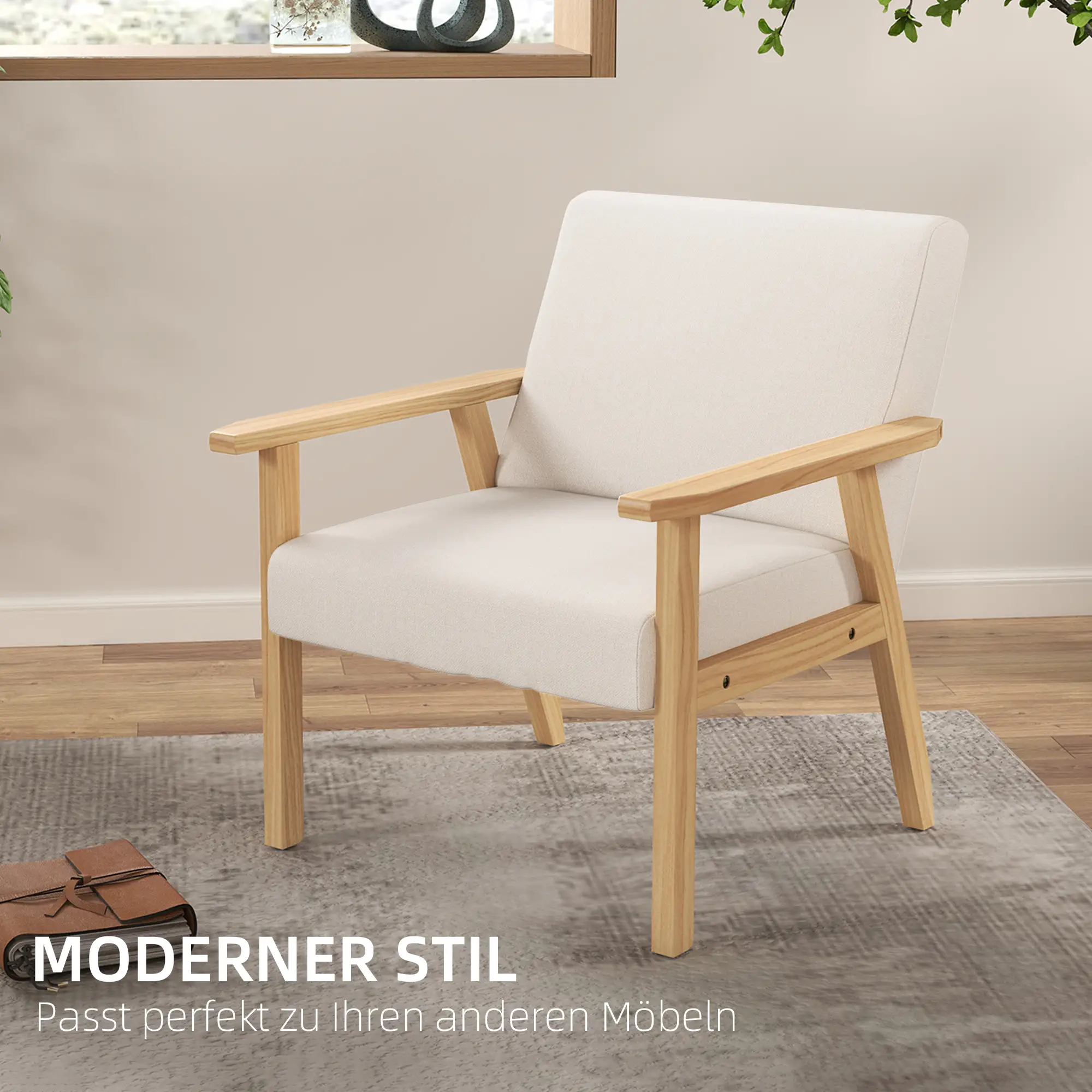 HOMCOM Polsterstuhl Akzentsessel skandinavisches Design breite Sitzfläche cremeweiß