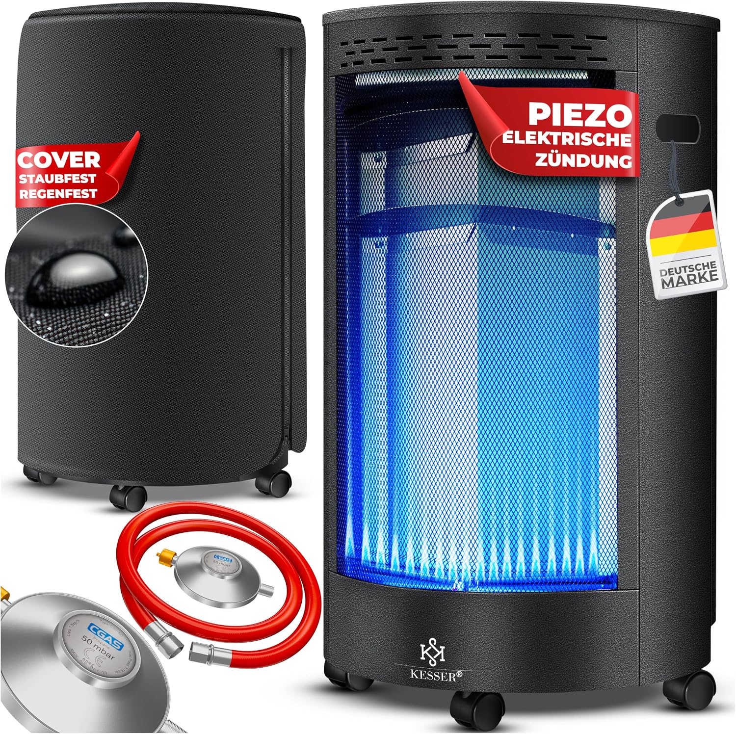 KESSER Gasheizer Keramik 4200 Watt Gas Heizstrahler inkl. Gasdruckregler Gasschlauch, Gasheizofen inkl. Schutzhülle Gasheizgerät, Schwarz